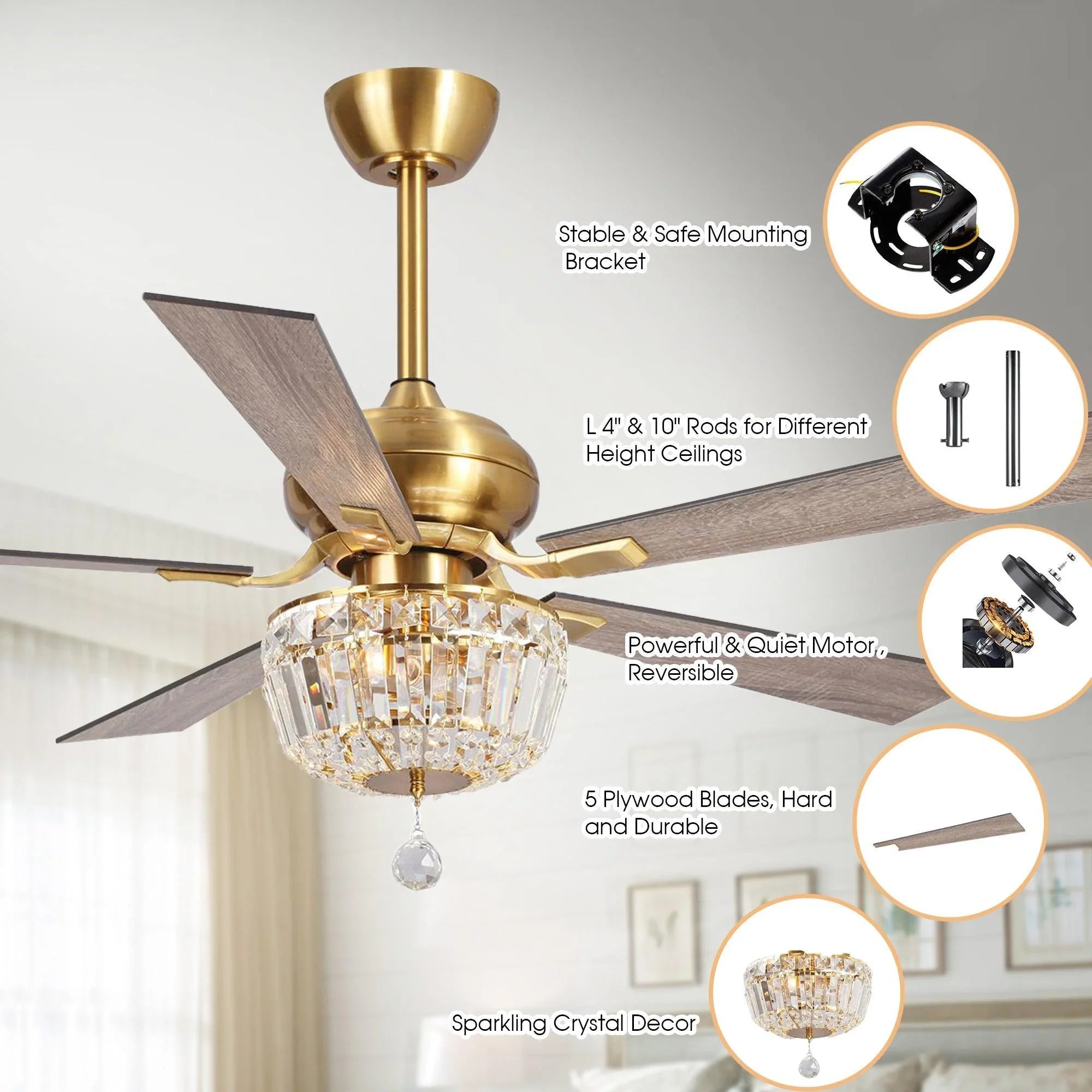 Golden ceiling fan with crystal globe light, five blades, and remote-control features shown