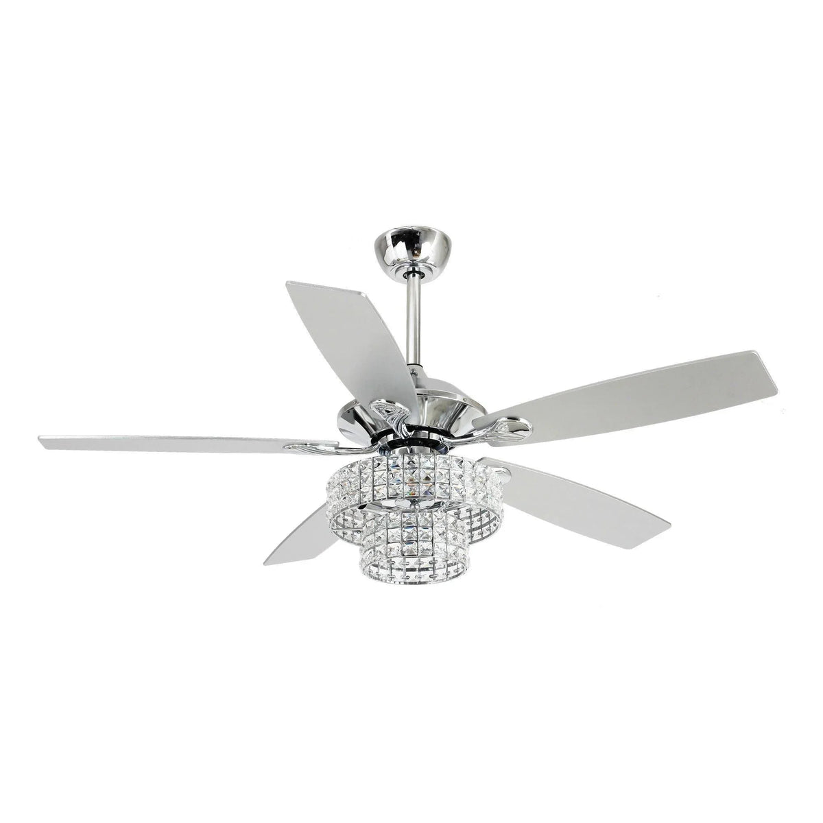 Chrome modern ceiling fan with crystal light kit and 5 light gray blades