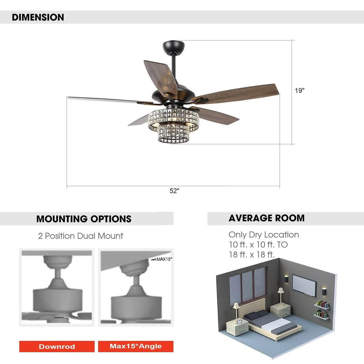 Ceiling fan size diagram: 52-inch fan with crystal light and mounting options