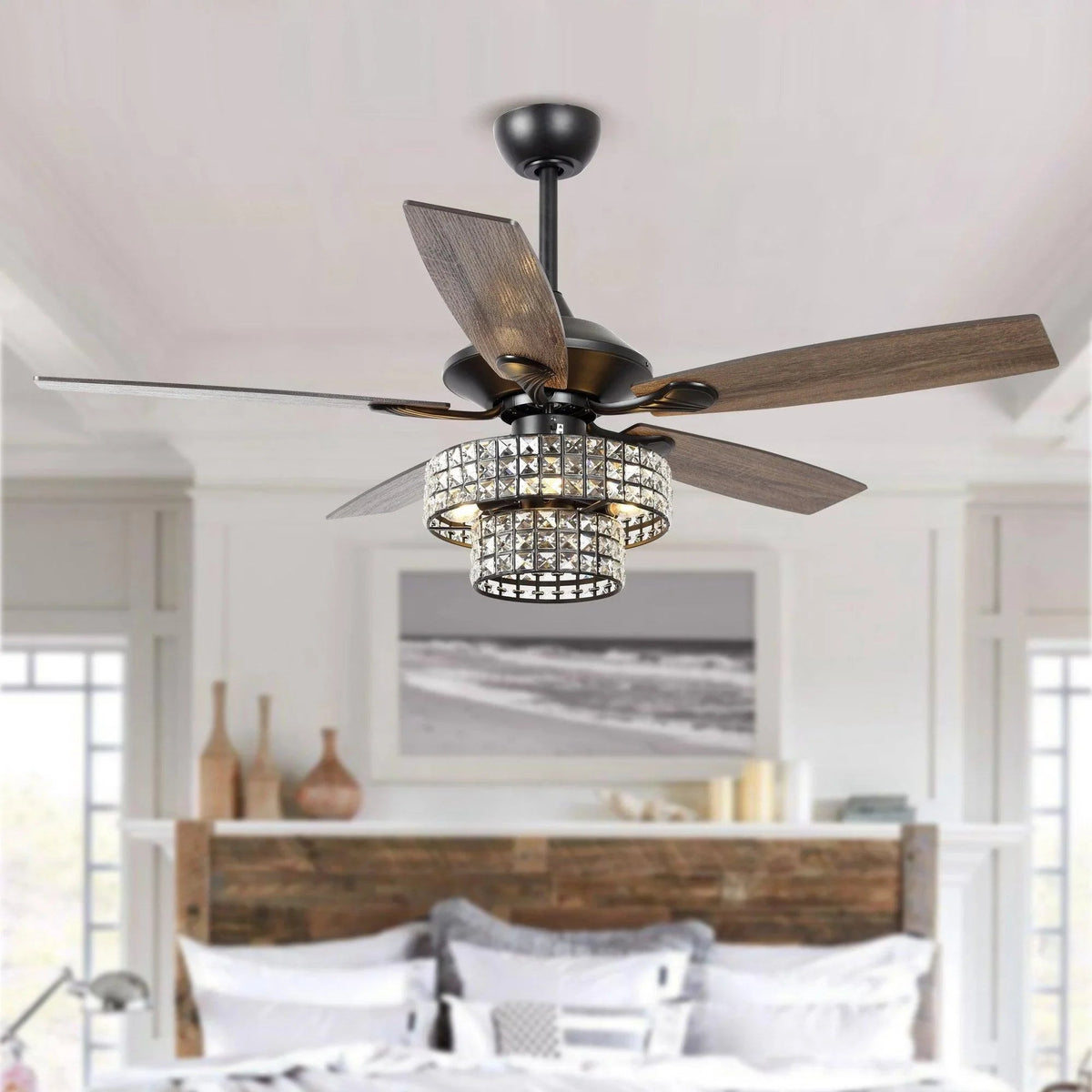 Black ceiling fan with crystal light kit and 5 dark wood blades