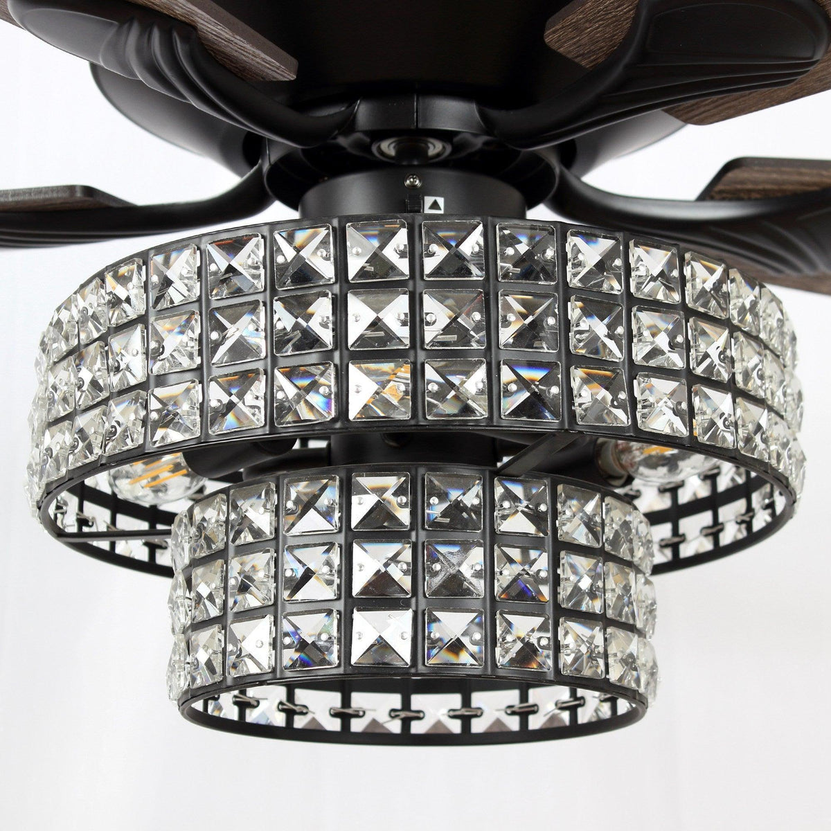 Crystal glass drum light on a black ceiling fan with wood blades