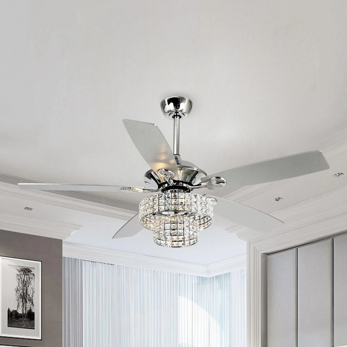 Chrome ceiling fan with crystal light kit and 5 light gray blades