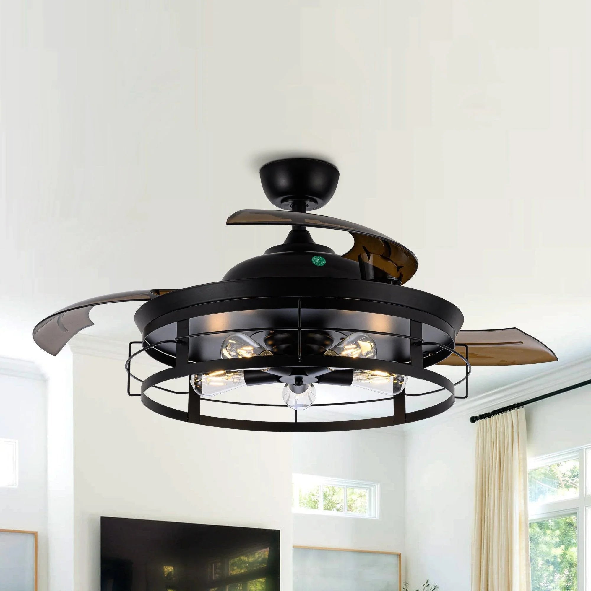 Black industrial ceiling fan with light fixture and bronze blades
