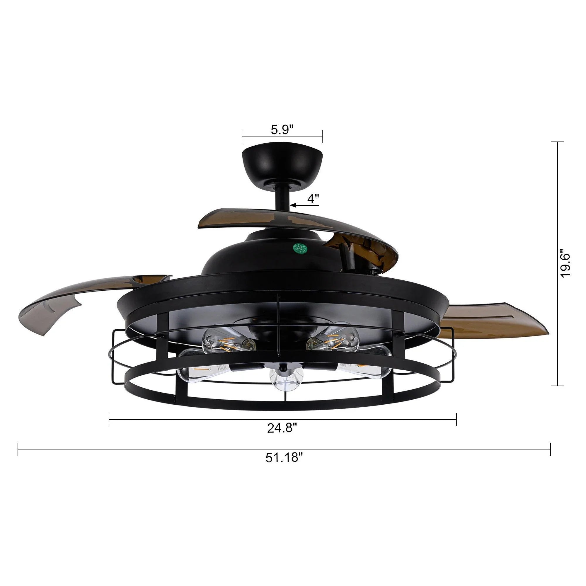 Black industrial ceiling fan with light, showing width and height measurements