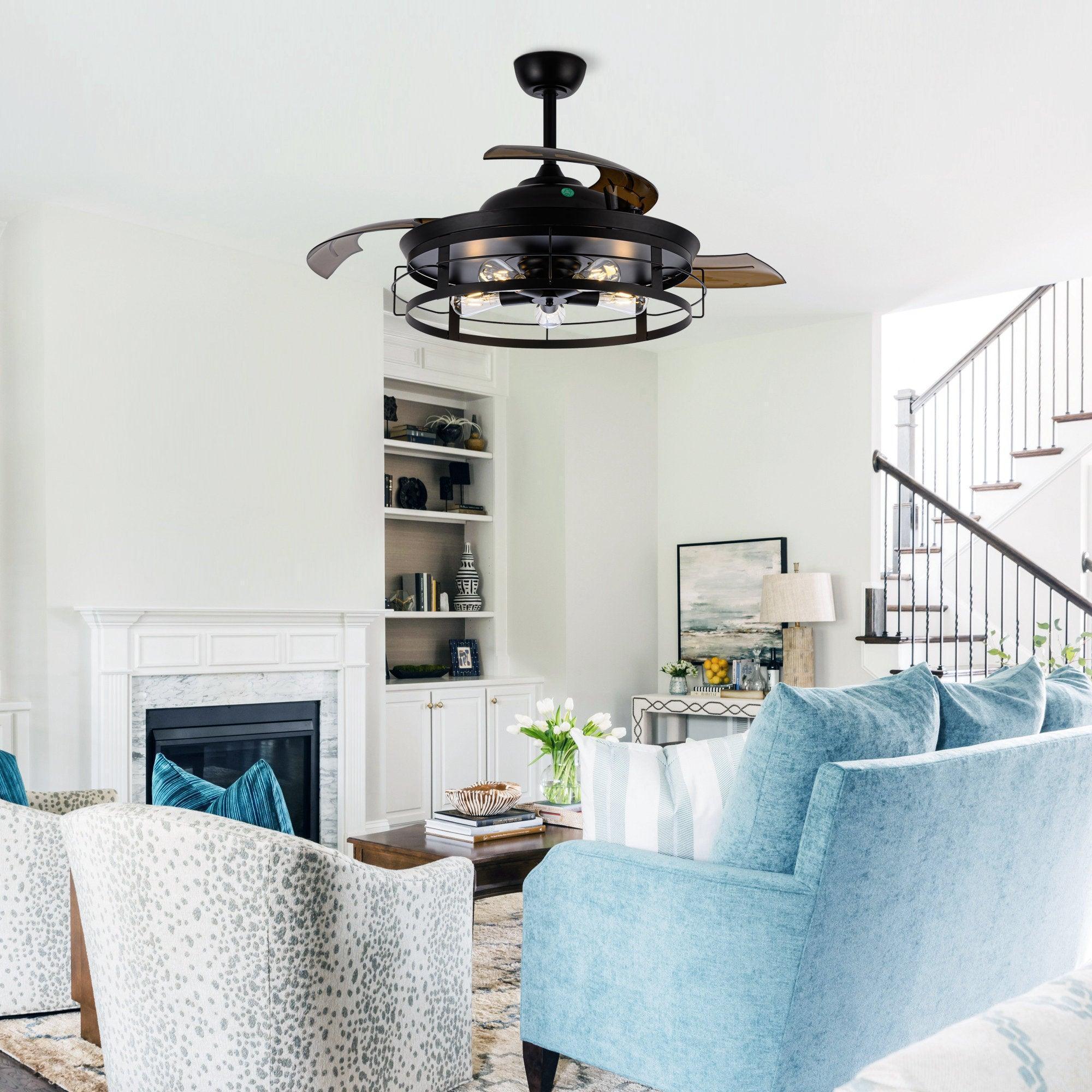 Black ceiling fan with light and bronze blades in an indoor living room