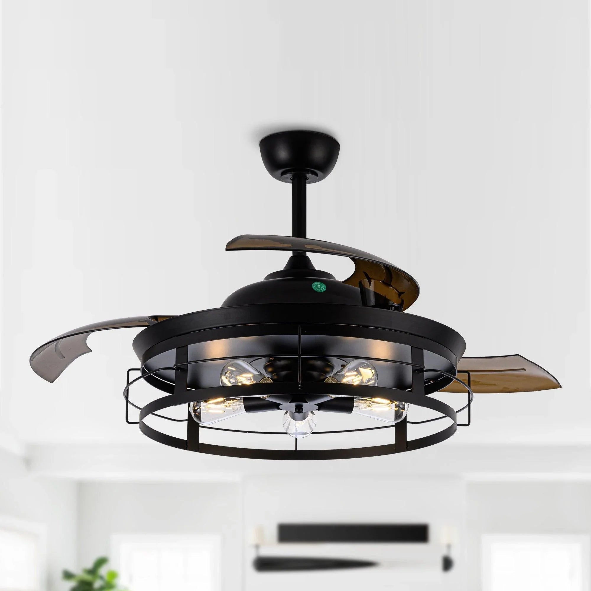 Black industrial ceiling fan with light kit and bronze blades