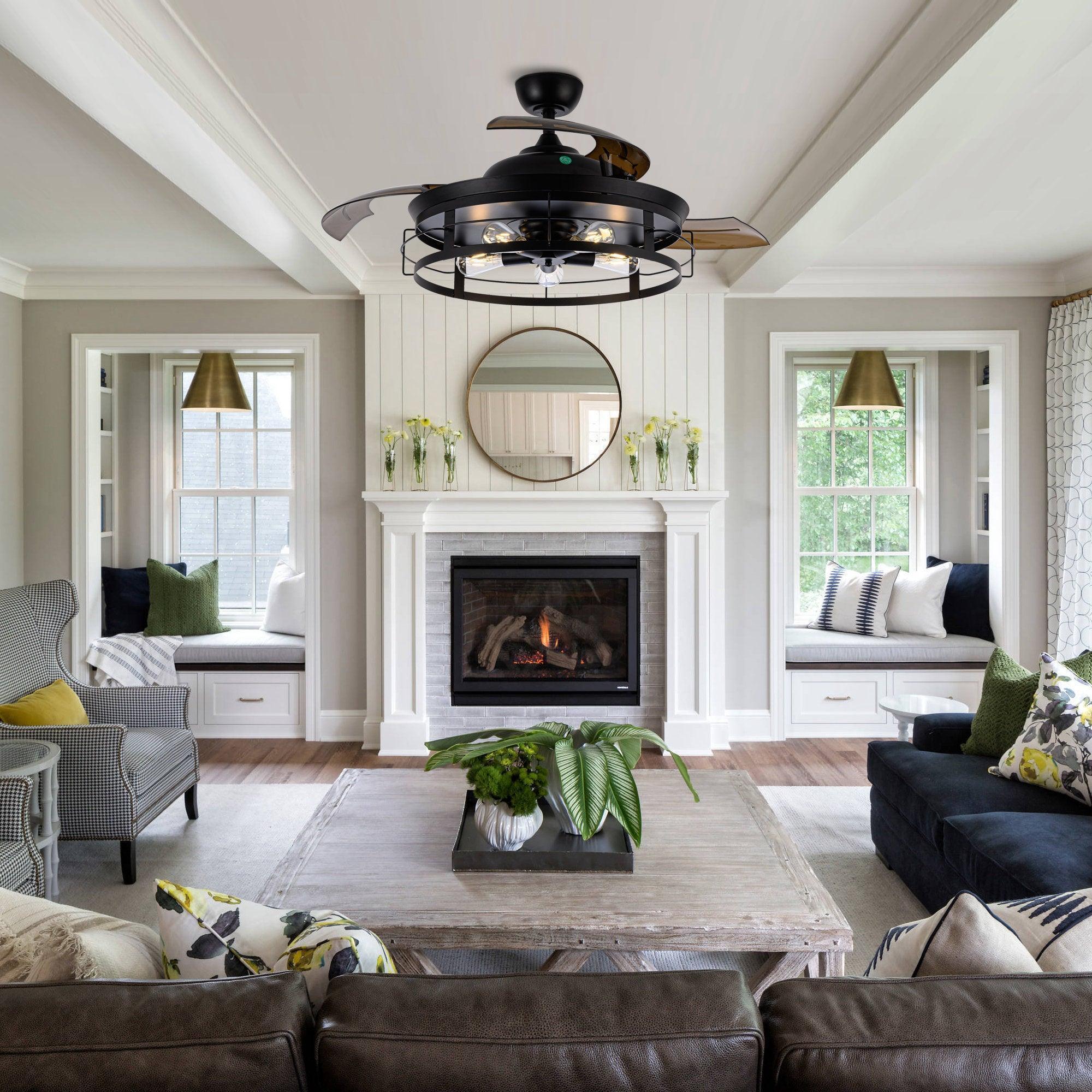 Black ceiling fan with light and bronze blades mounted in a living room