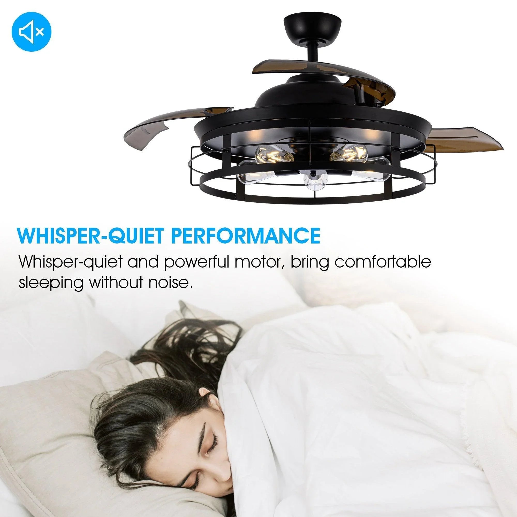 Black industrial ceiling fan with retractable blades and caged light fixture