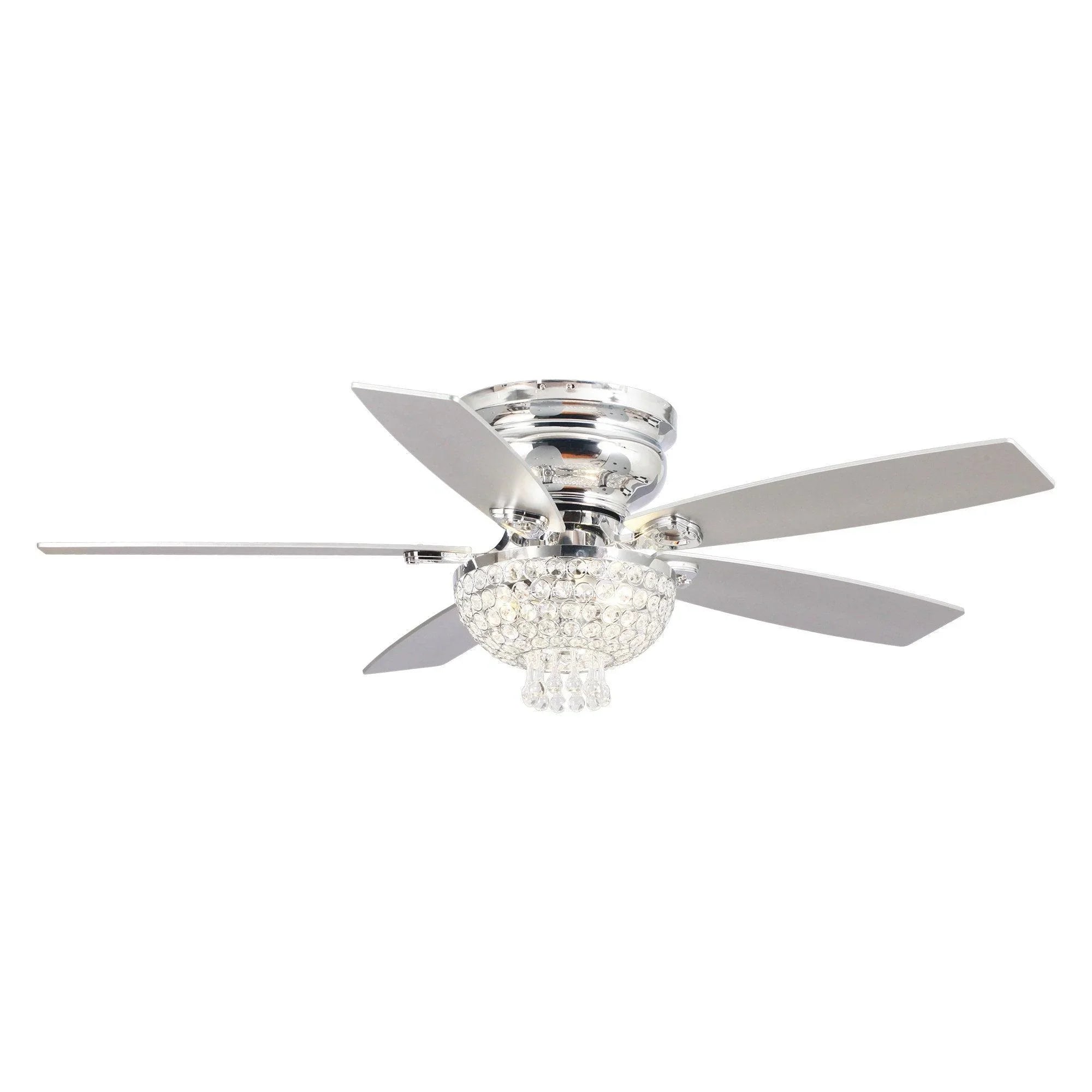 Chrome flush mount ceiling fan with crystal light dome and five wide blades