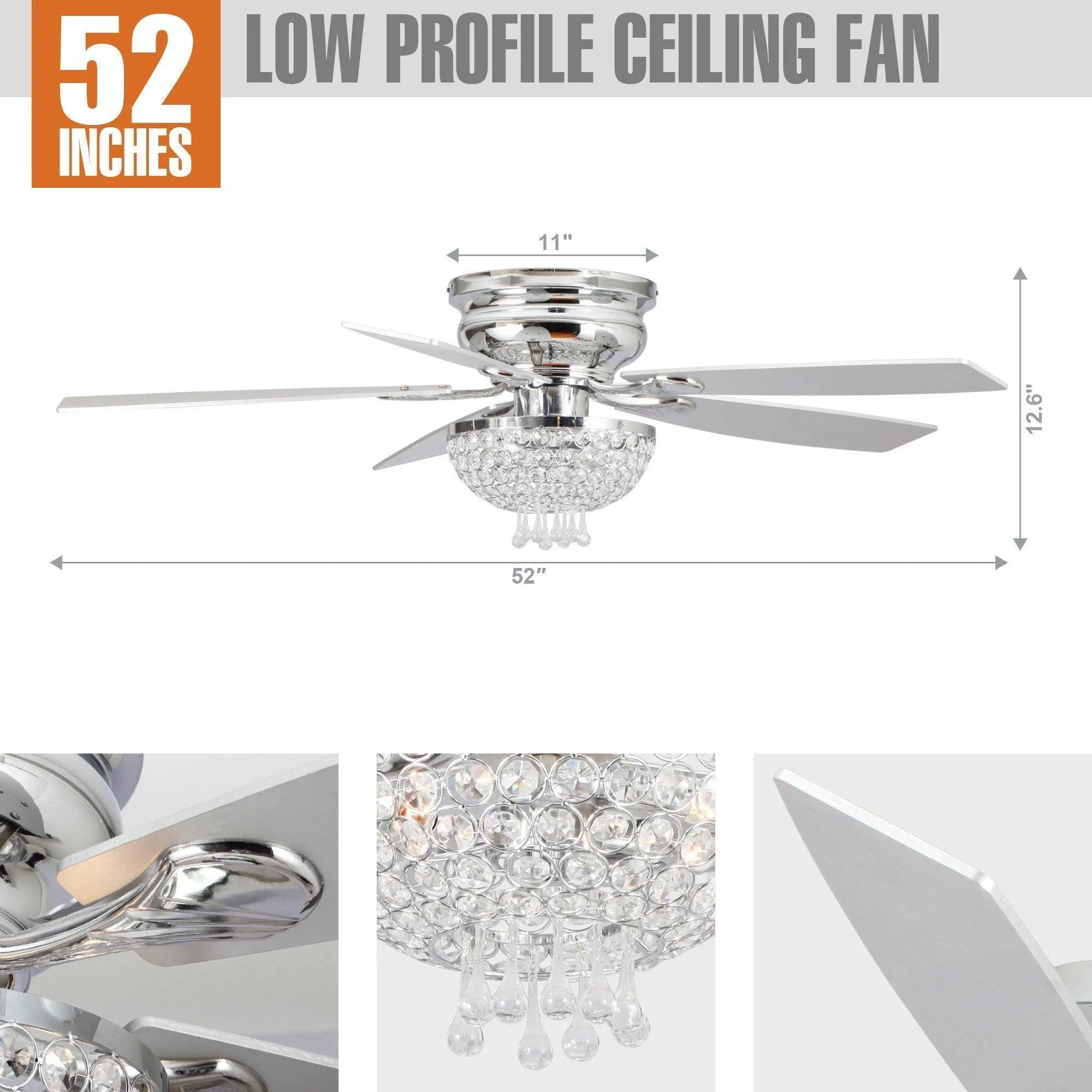 Chrome 52-inch low-profile ceiling fan with crystal light and five blades