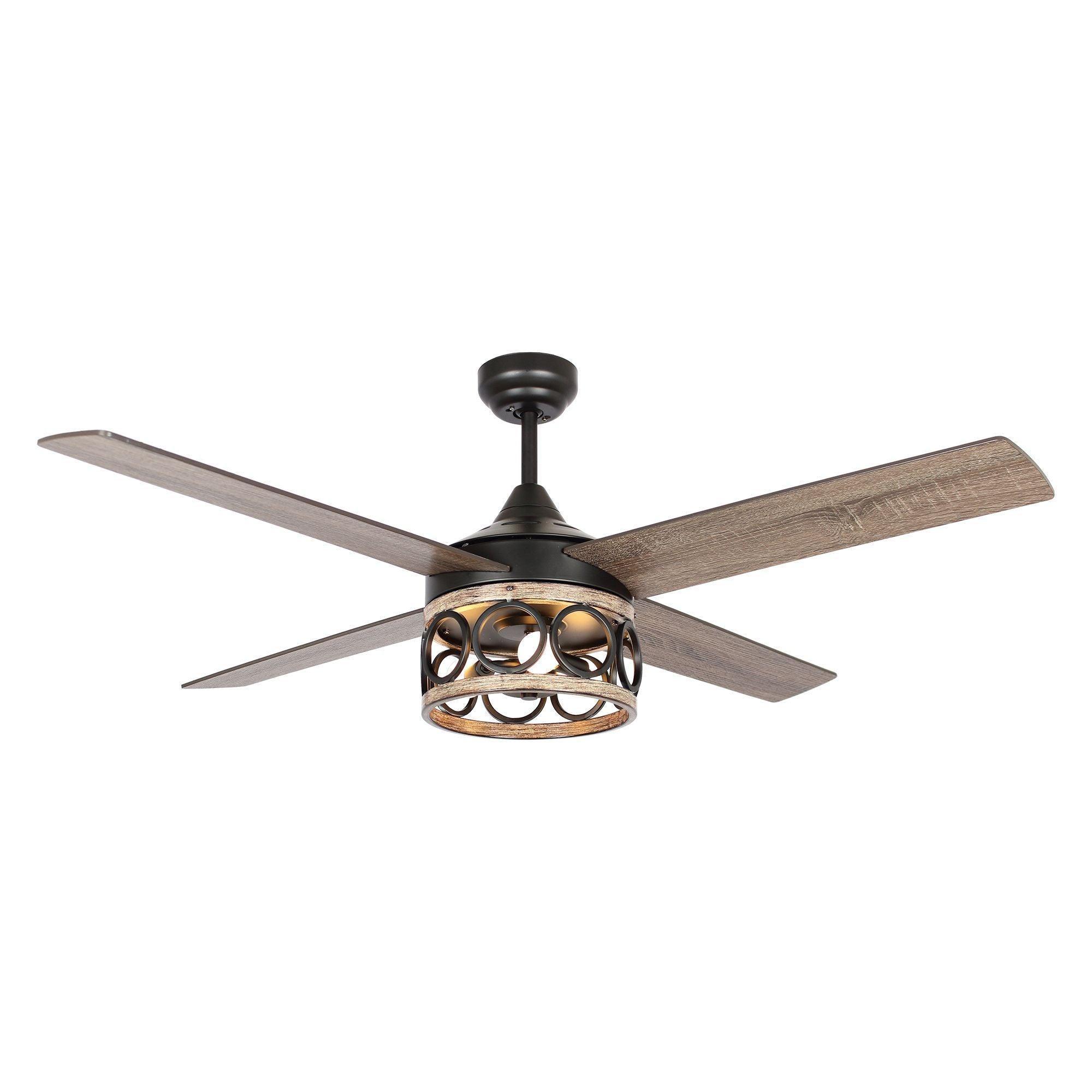 Black ceiling fan with four wood blades and decorative lantern-style light fixture.