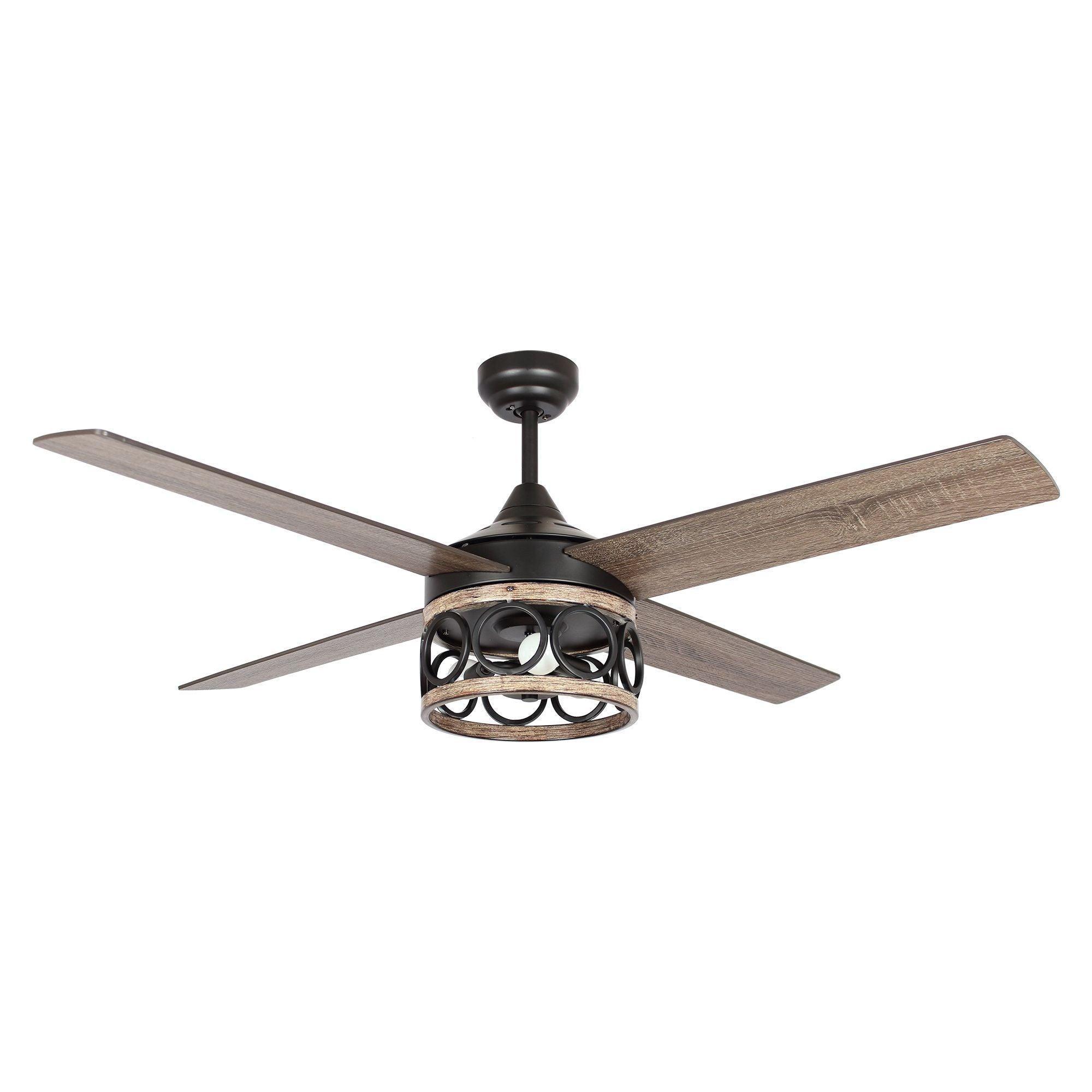 Black ceiling fan with four wood blades and decorative lantern-style light fixture.