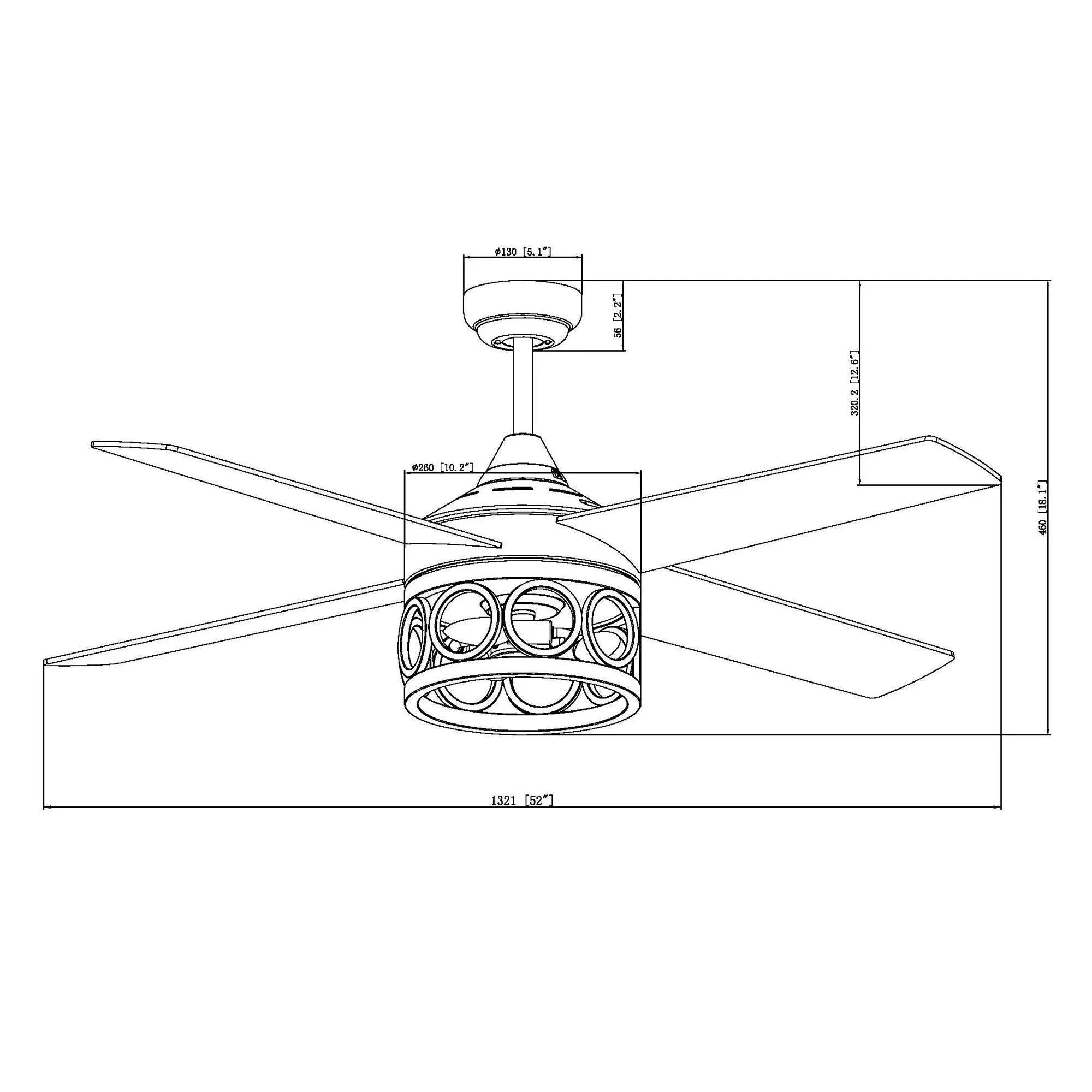 Ceiling fan line drawing showing four wood blades and lantern-style light.