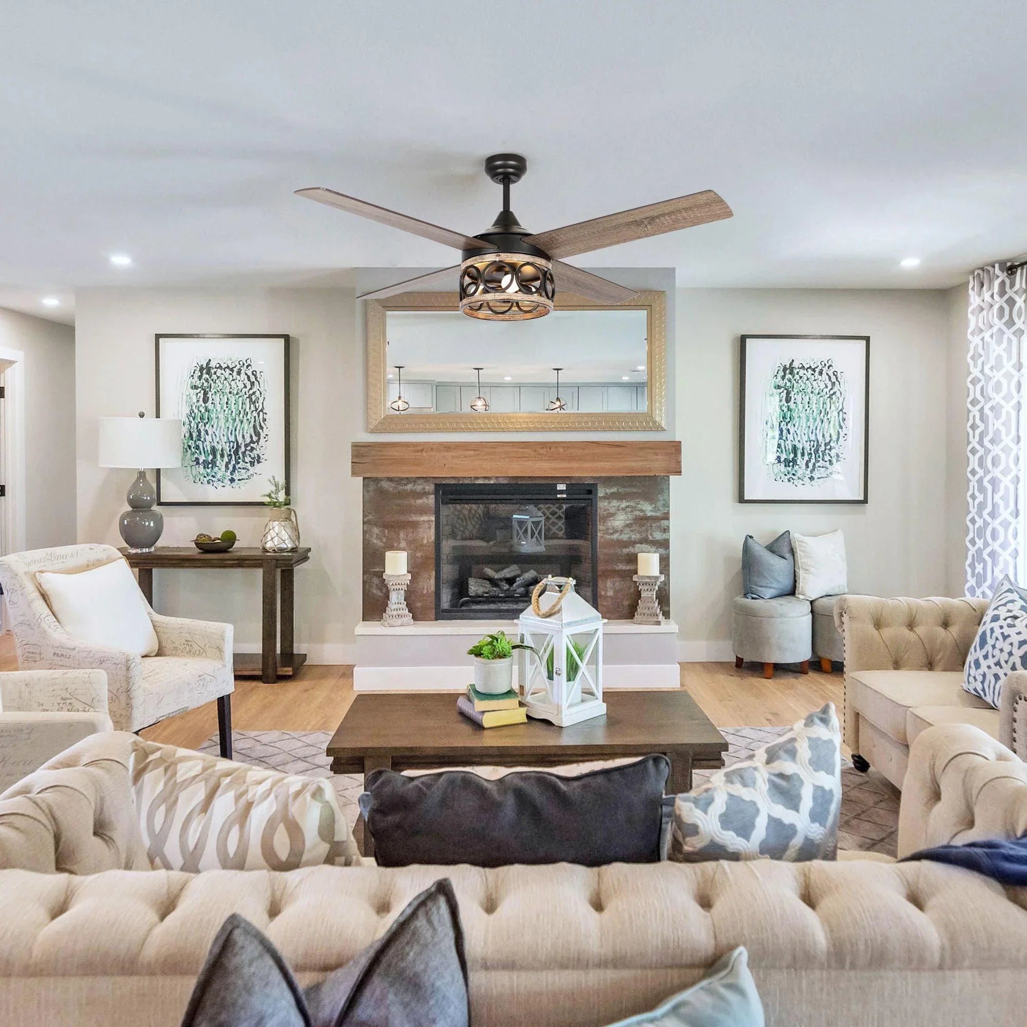 Black ceiling fan with four wood blades and integrated lantern-style light kit.
