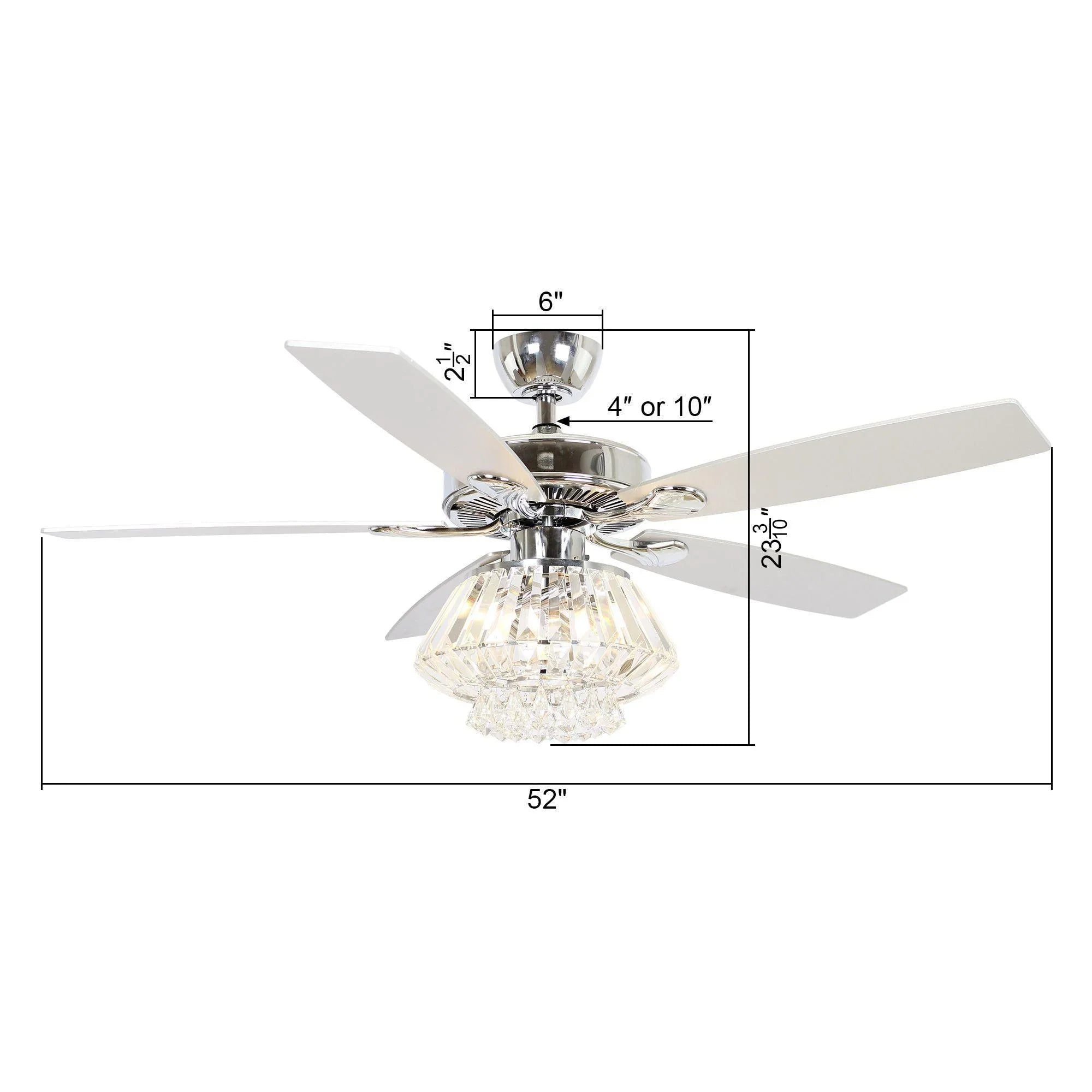 52-inch chrome ceiling fan with crystal light and reversible blade design