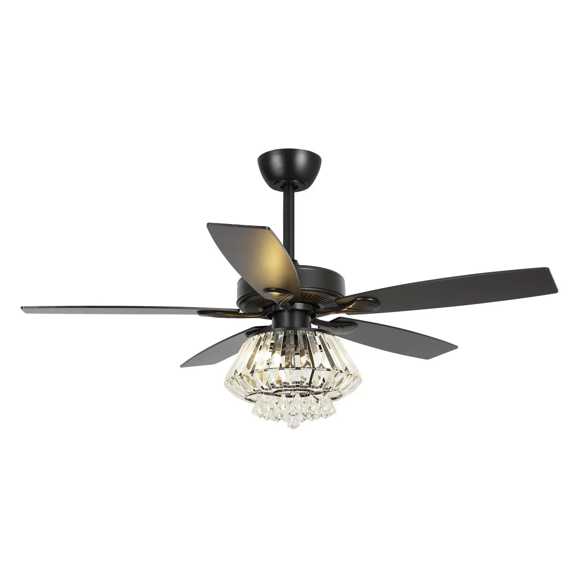 Black ceiling fan with crystal globe light and reversible blade accents