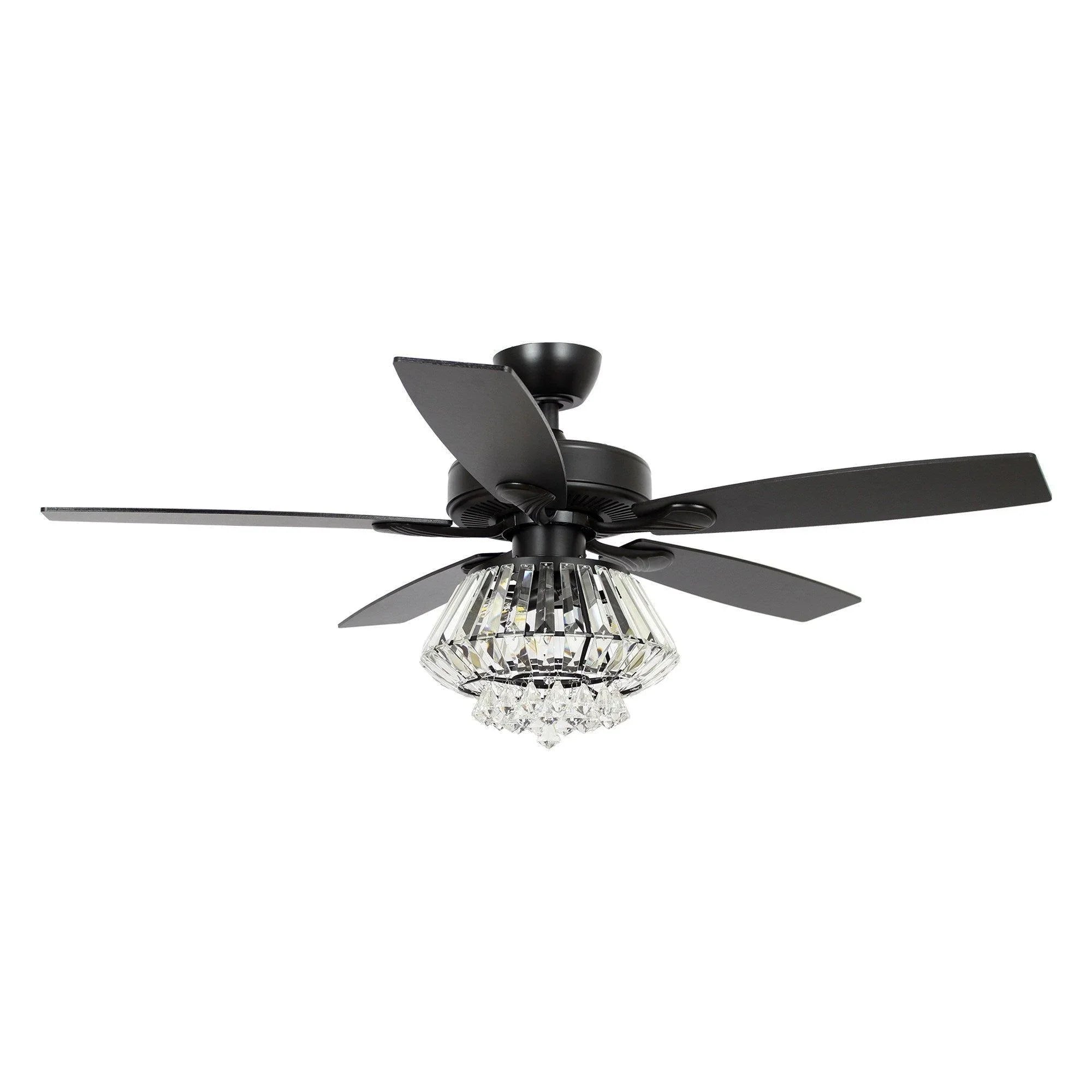 Black ceiling fan with clear crystal light and four reversible blades