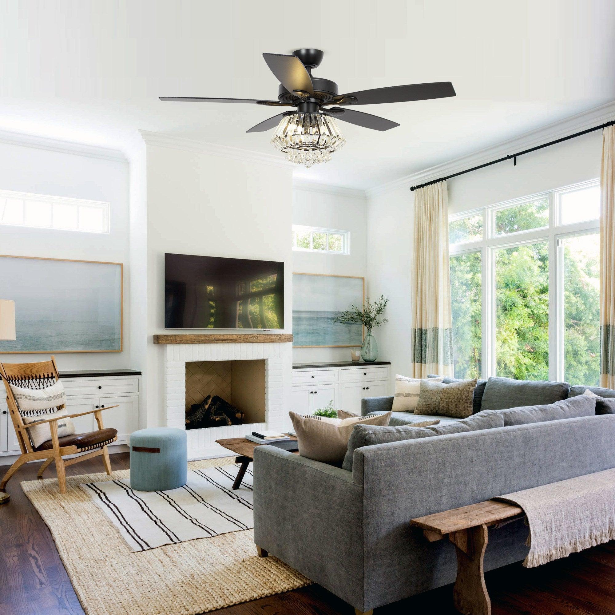 Black ceiling fan with crystal light and four reversible blades overhead