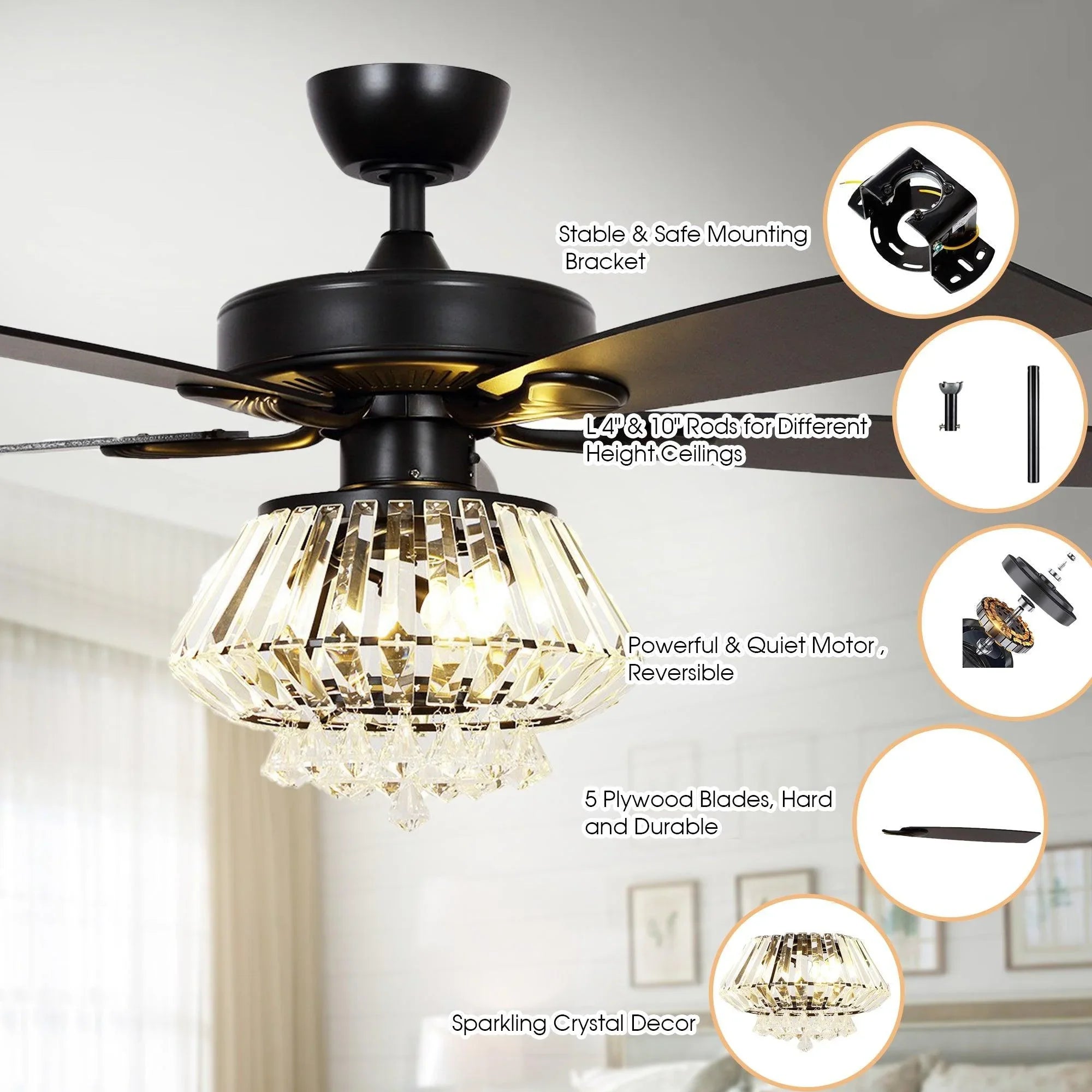 Black ceiling fan with crystal light, reversible blades, and mounting bracket details