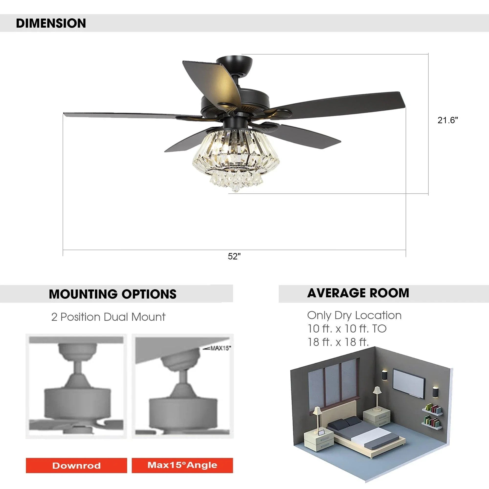 52-inch black ceiling fan with crystal light fixture and remote-control design
