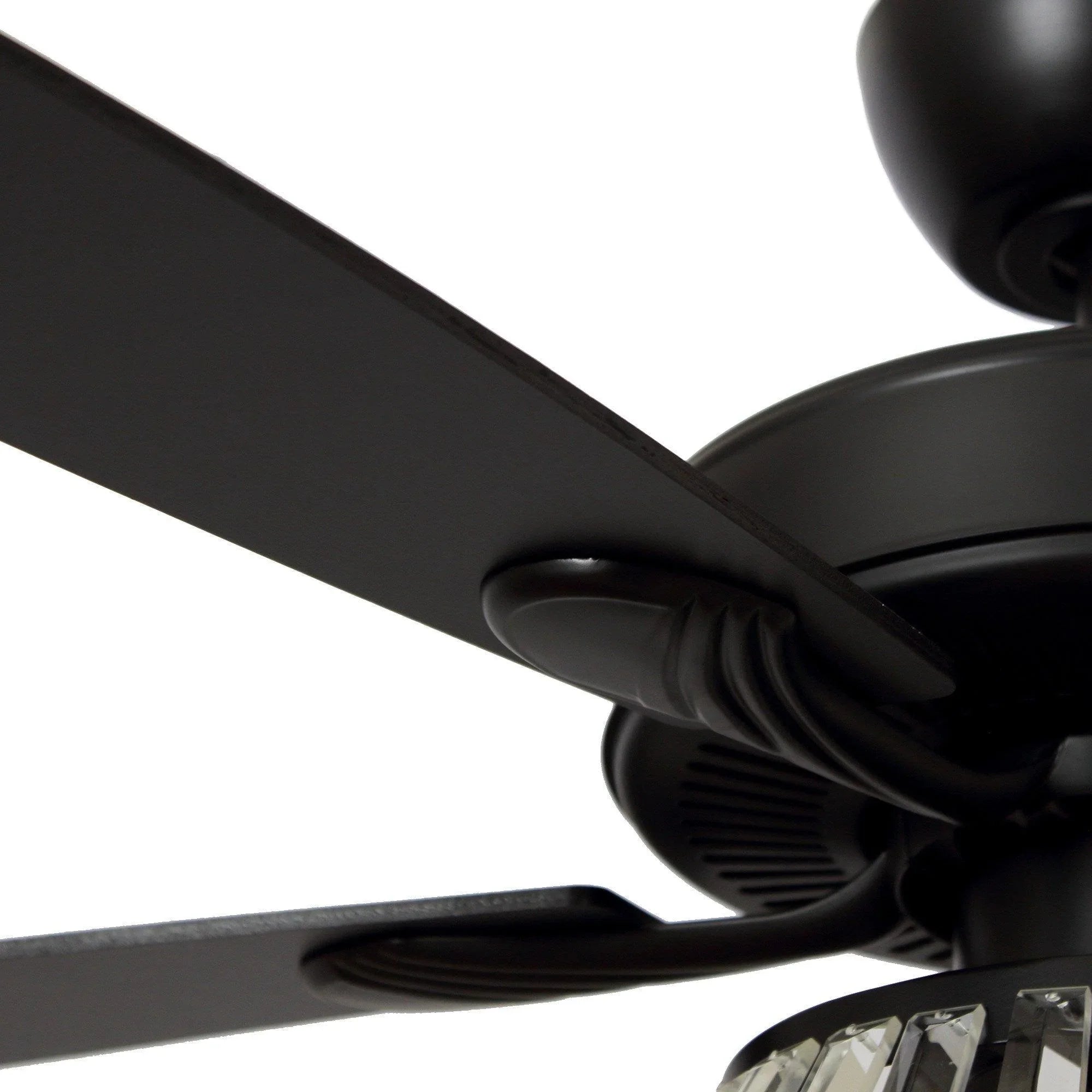 Black ceiling fan blade and motor housing with crystal light canopy