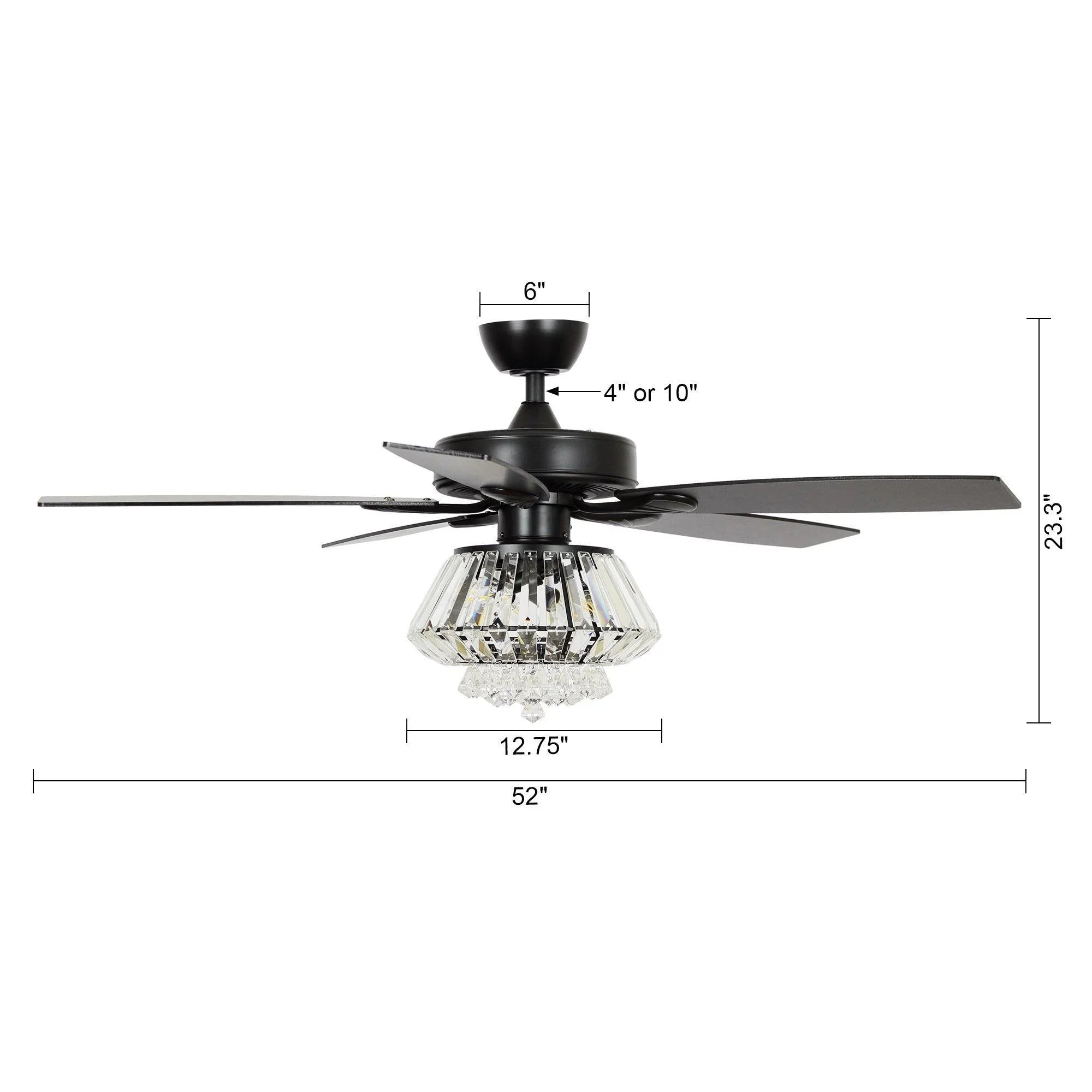 52-inch black ceiling fan with five blades and clear crystal light canopy