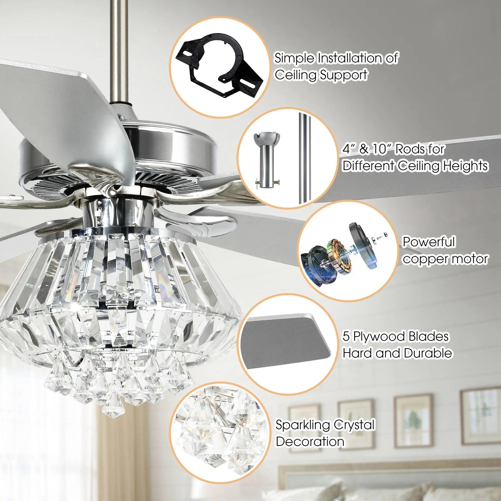Black ceiling fan with crystal light and close-up of mounting details callouts