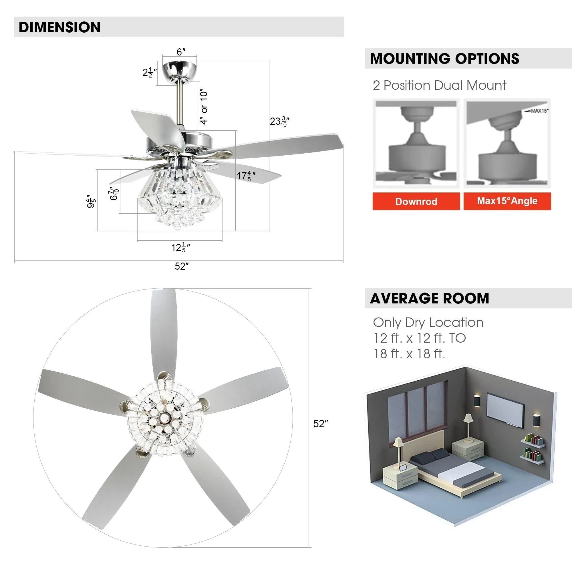 Ceiling fan dimension and mounting diagram with crystal light and blades