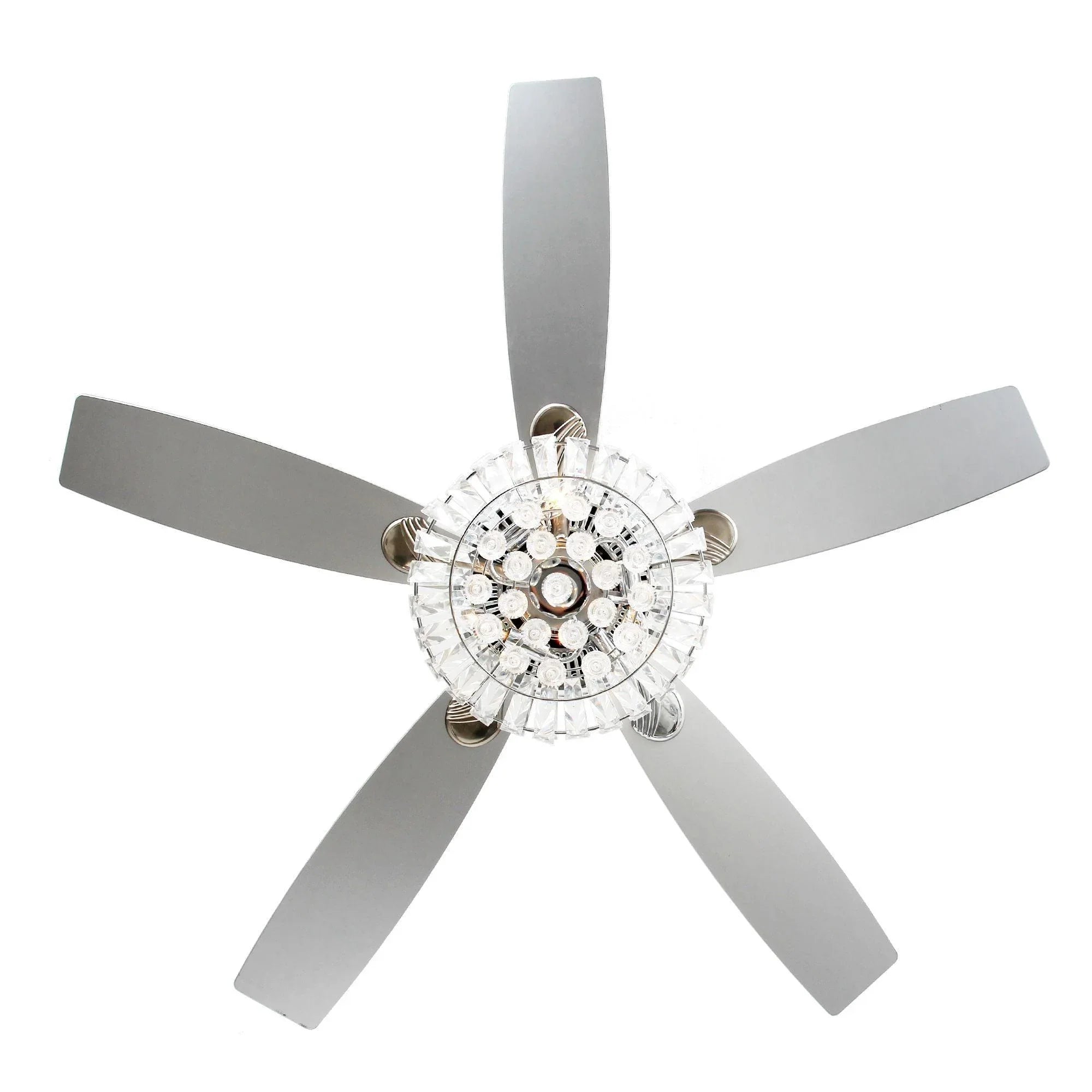 Chrome ceiling fan with circular crystal light center and four reversible blades