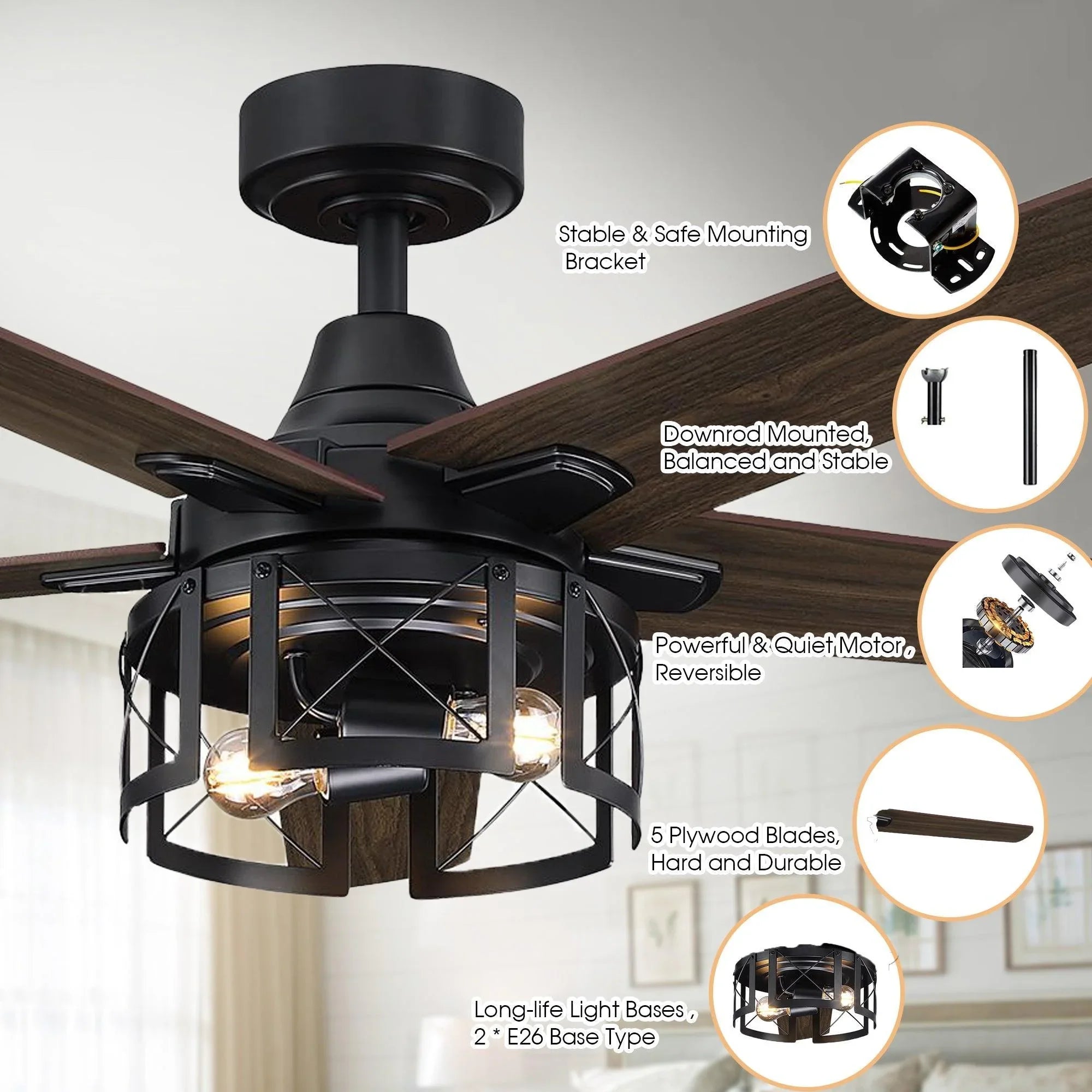Black ceiling fan with lantern light and dark wood blades, feature callout graphic