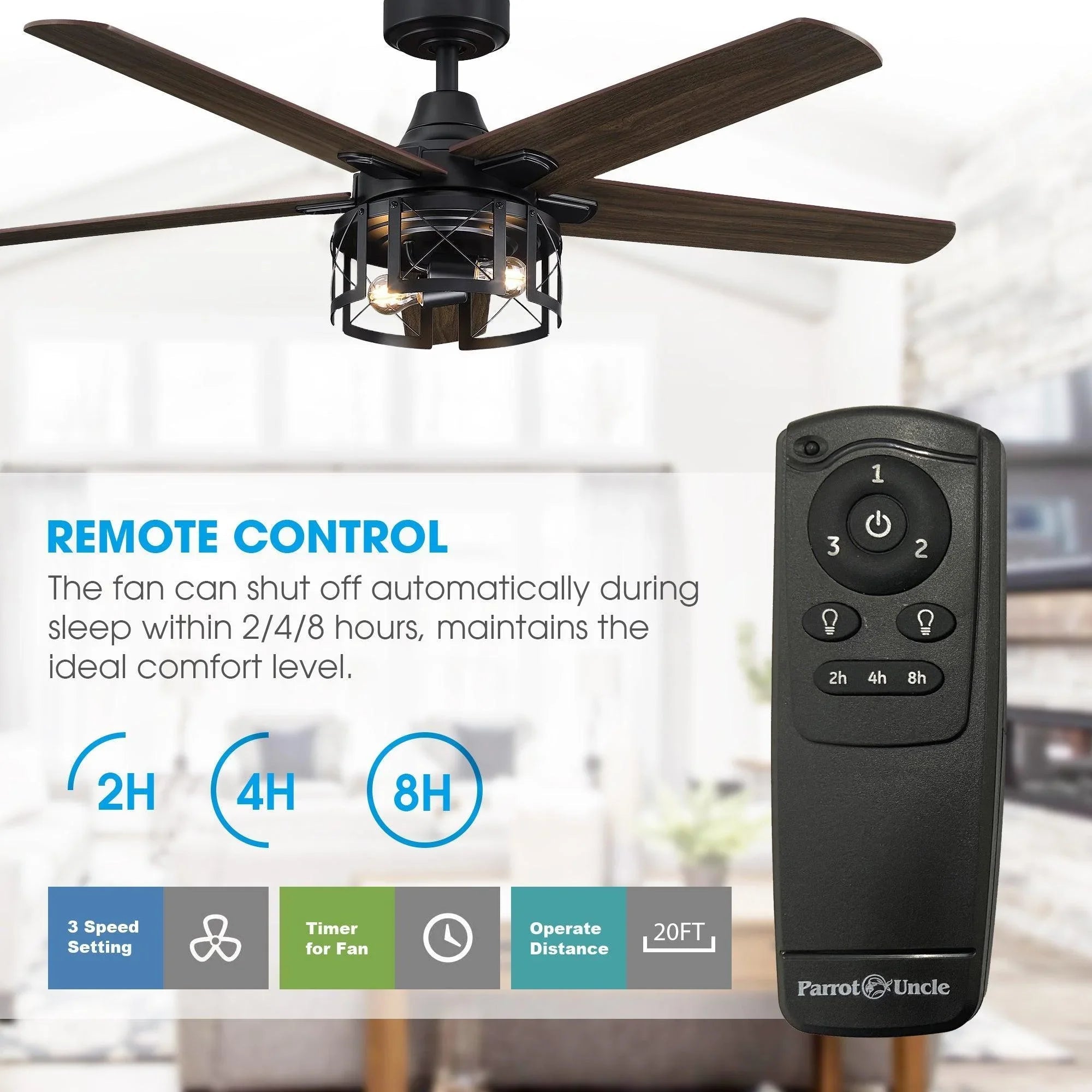 Black ceiling fan with reversible dark wood blades, integrated light, and remote