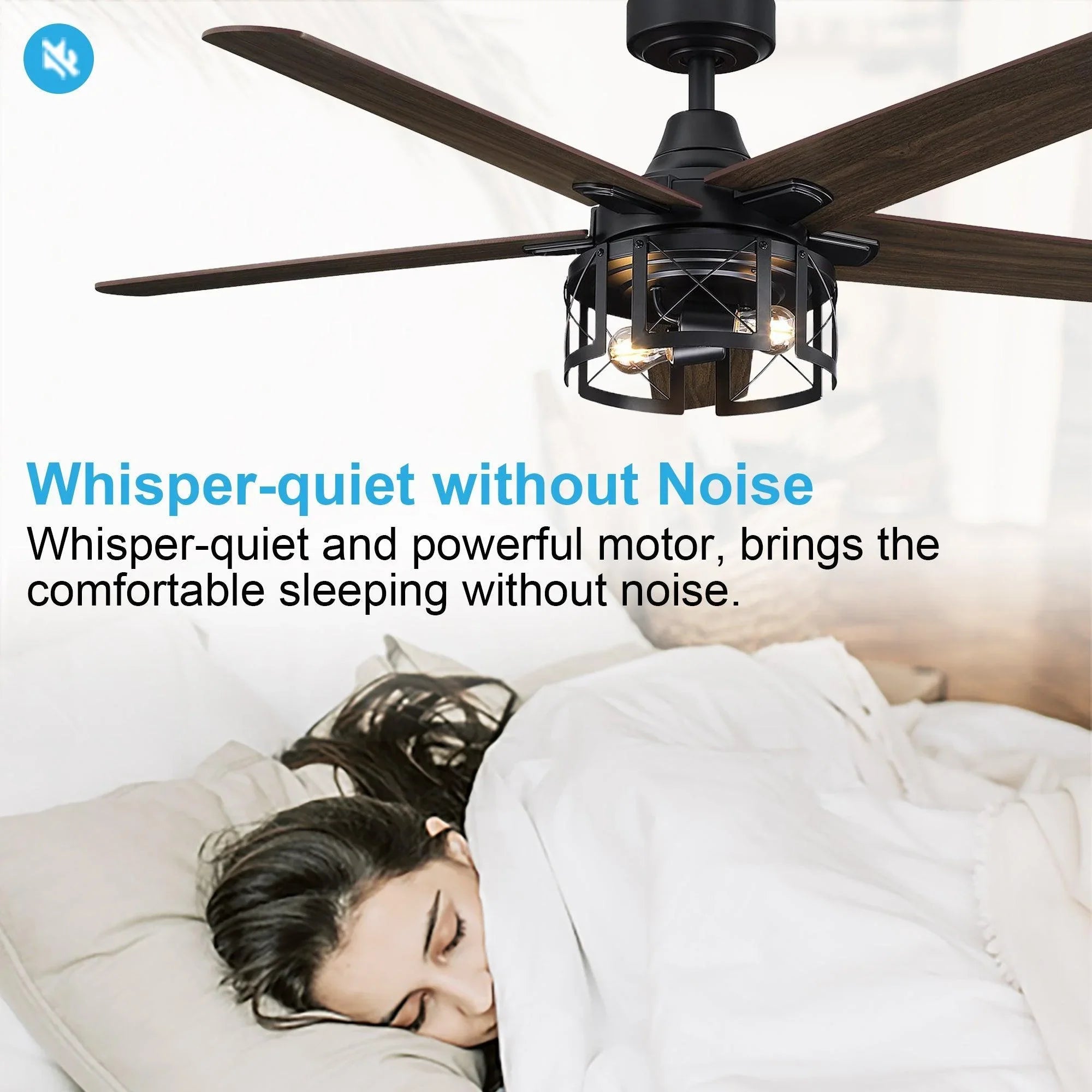 Black ceiling fan with reversible dark wood blades and glass light fixture