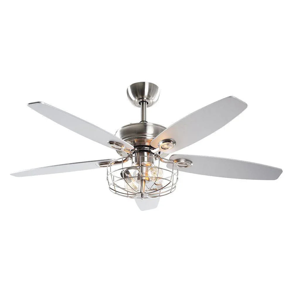 Brushed nickel caged ceiling fan with light and five pale blades on a ceiling mount.