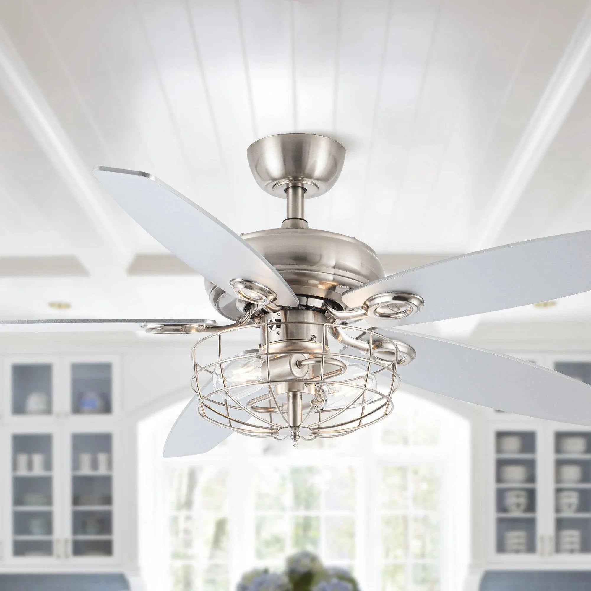 Brushed nickel caged ceiling fan with integrated light and four blades