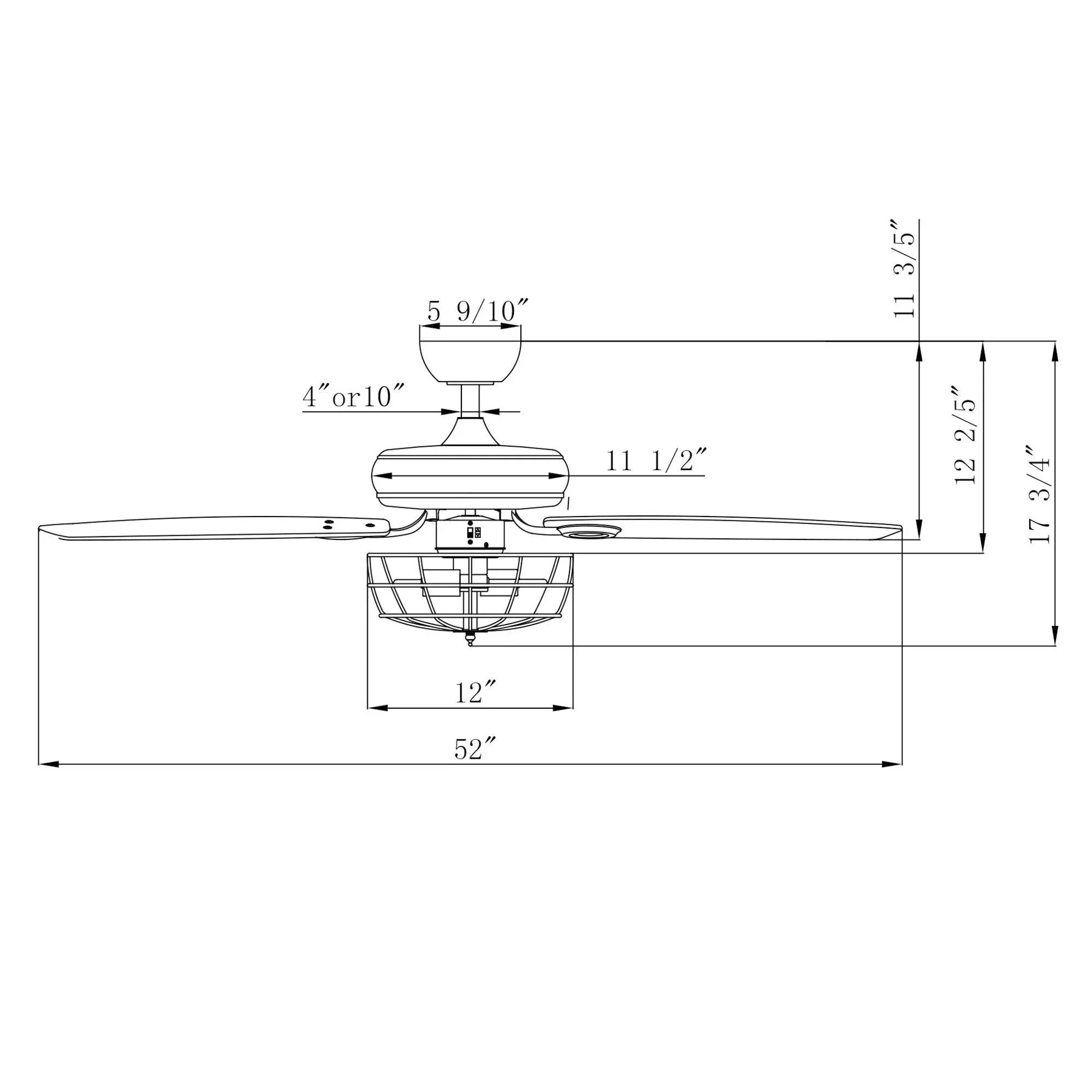 52-inch brushed nickel ceiling fan size diagram with caged light and five blades.