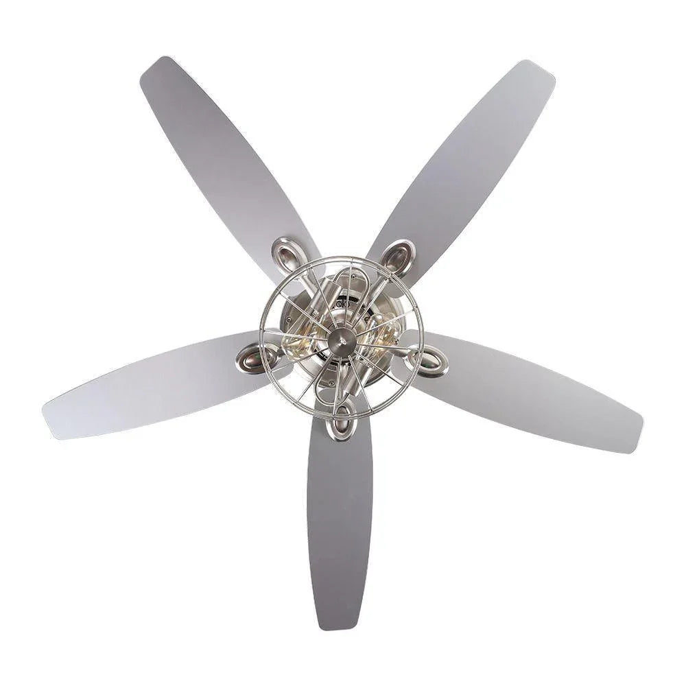 Top view of brushed nickel caged ceiling fan with five pale blades and light kit.