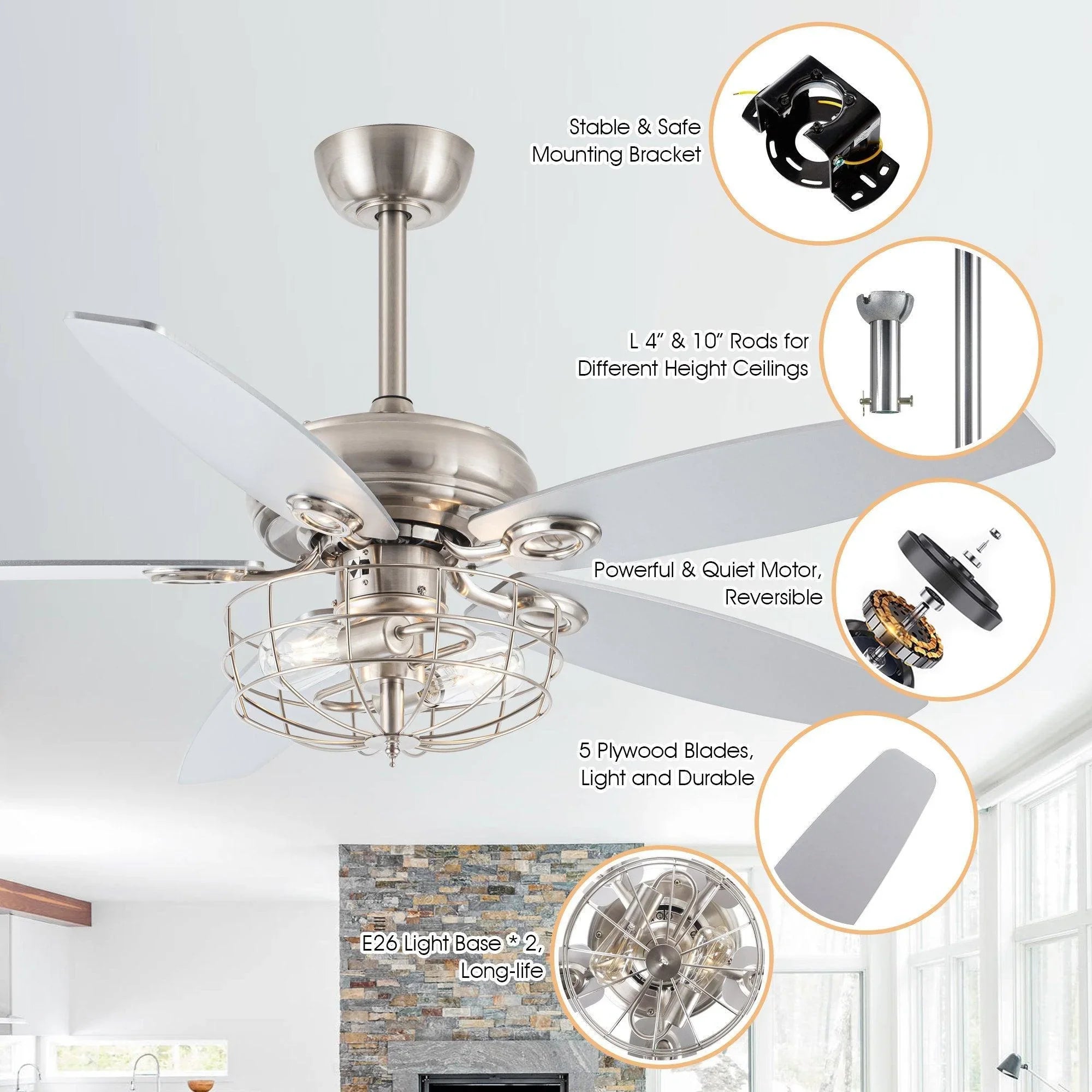 Brushed nickel ceiling fan with caged light, five blades, and reversible motor.