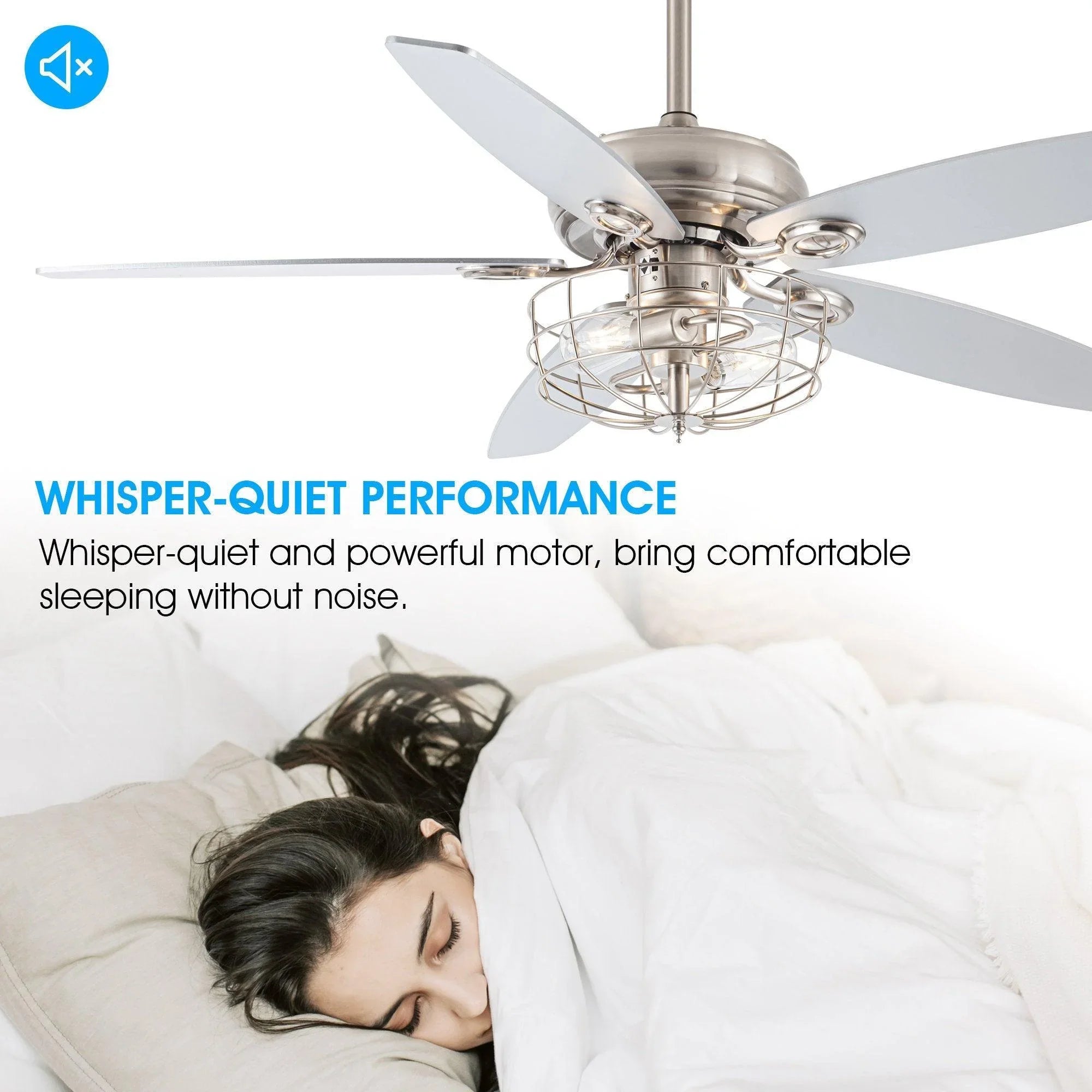 Brushed nickel caged ceiling fan with light and five pale blades for quiet airflow.