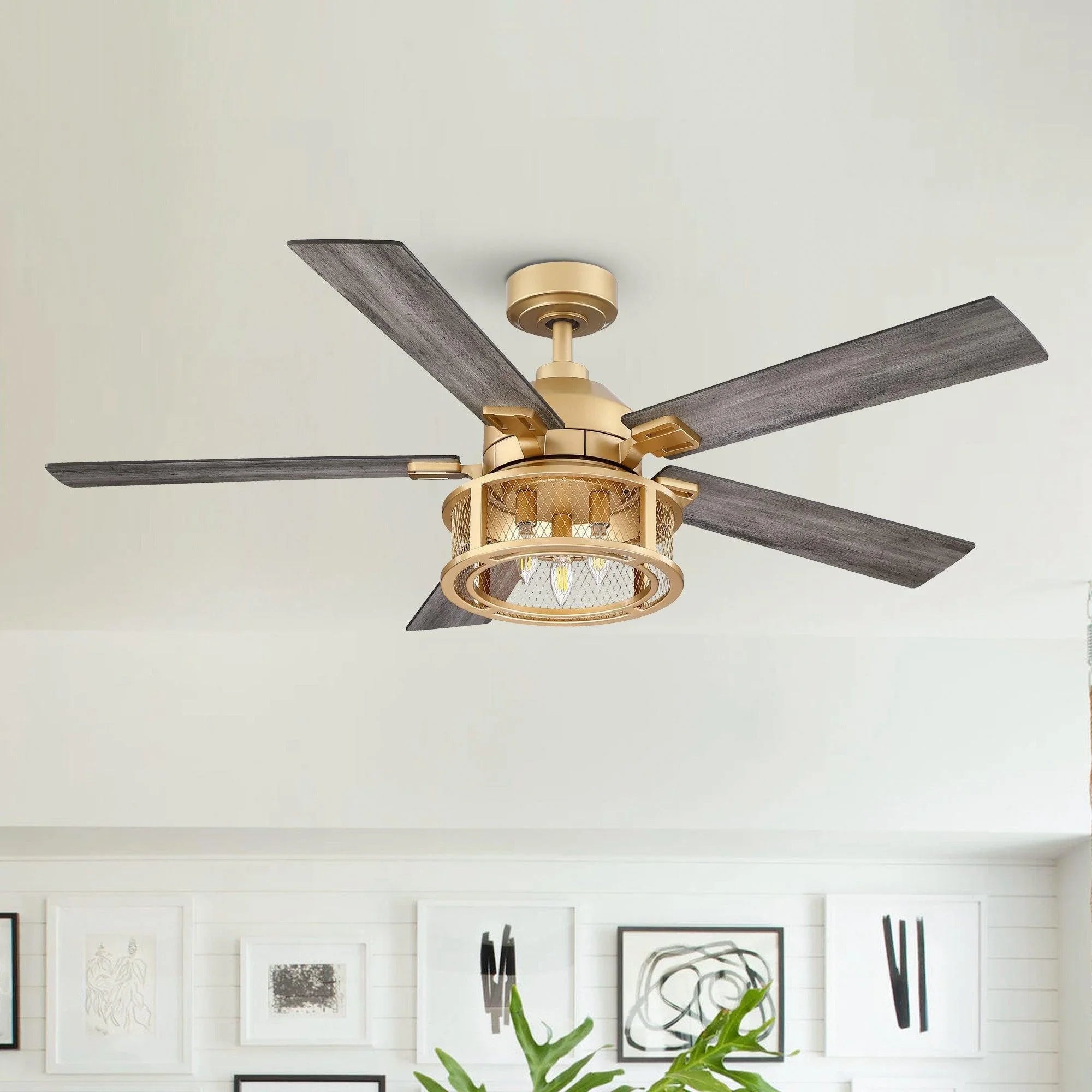 Black-and-gold ceiling fan with integrated light fixture and five wooden blades