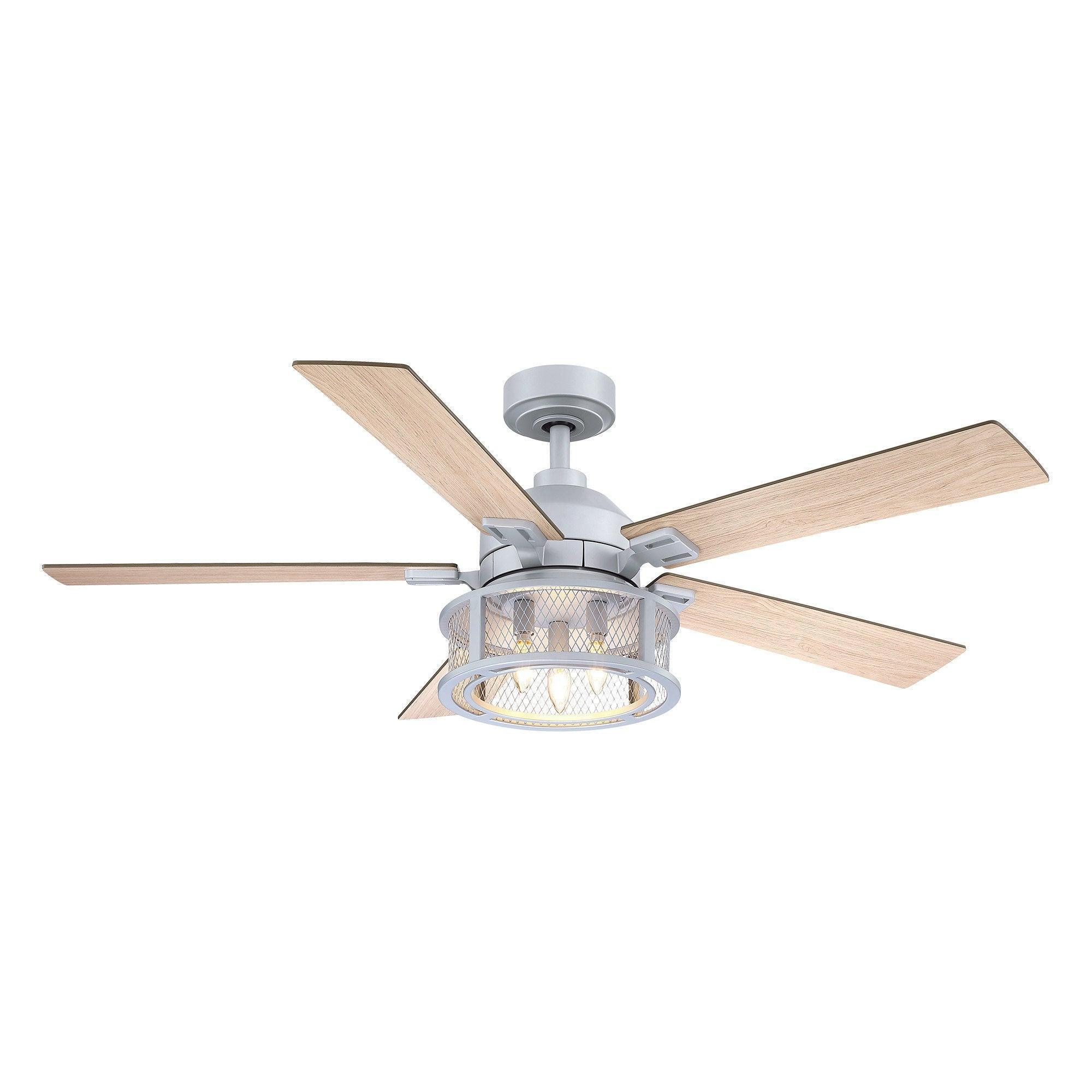 Light wood-blade ceiling fan with silver housing and integrated round light