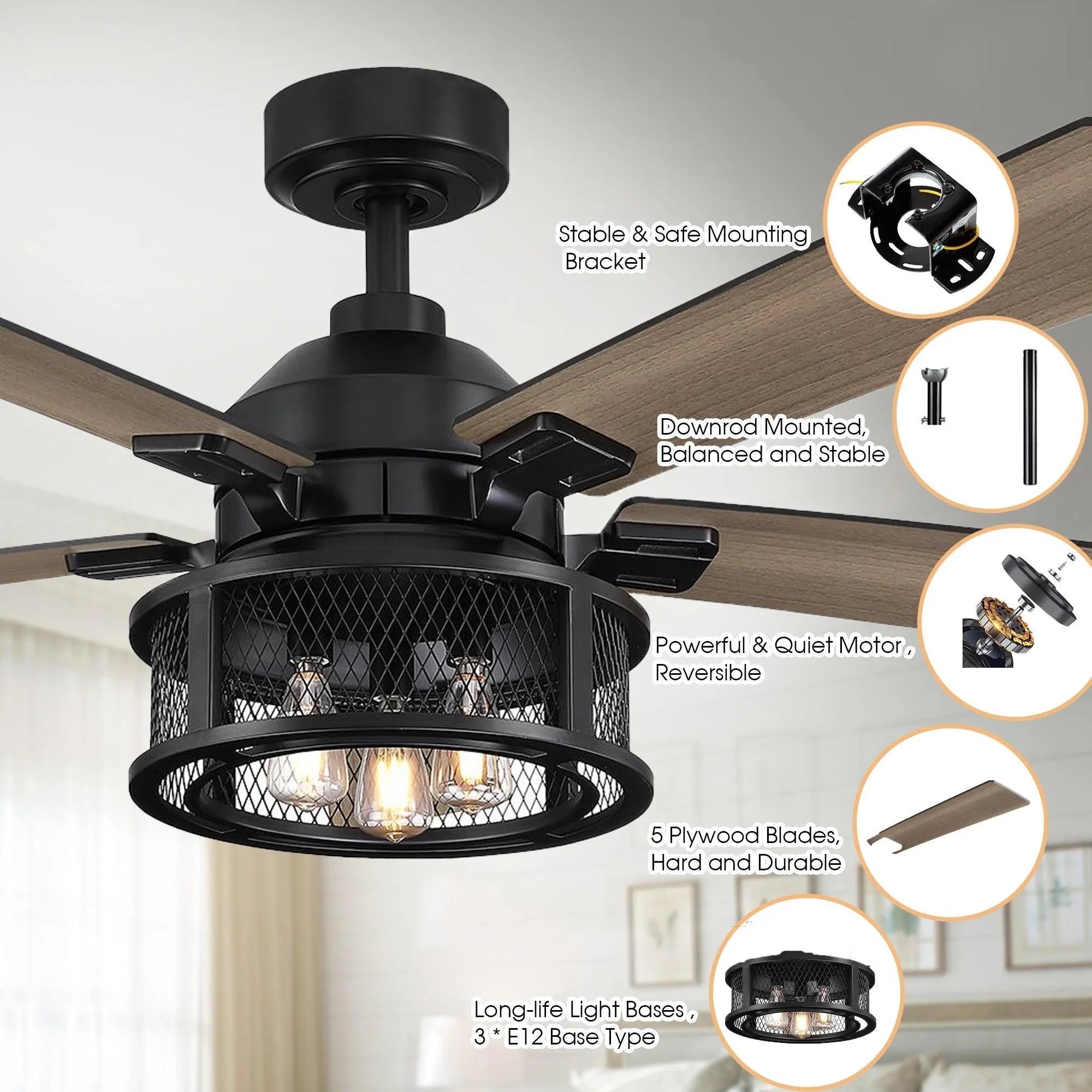 Black ceiling fan with mesh light guard, five wood blades, and mounting details close-up