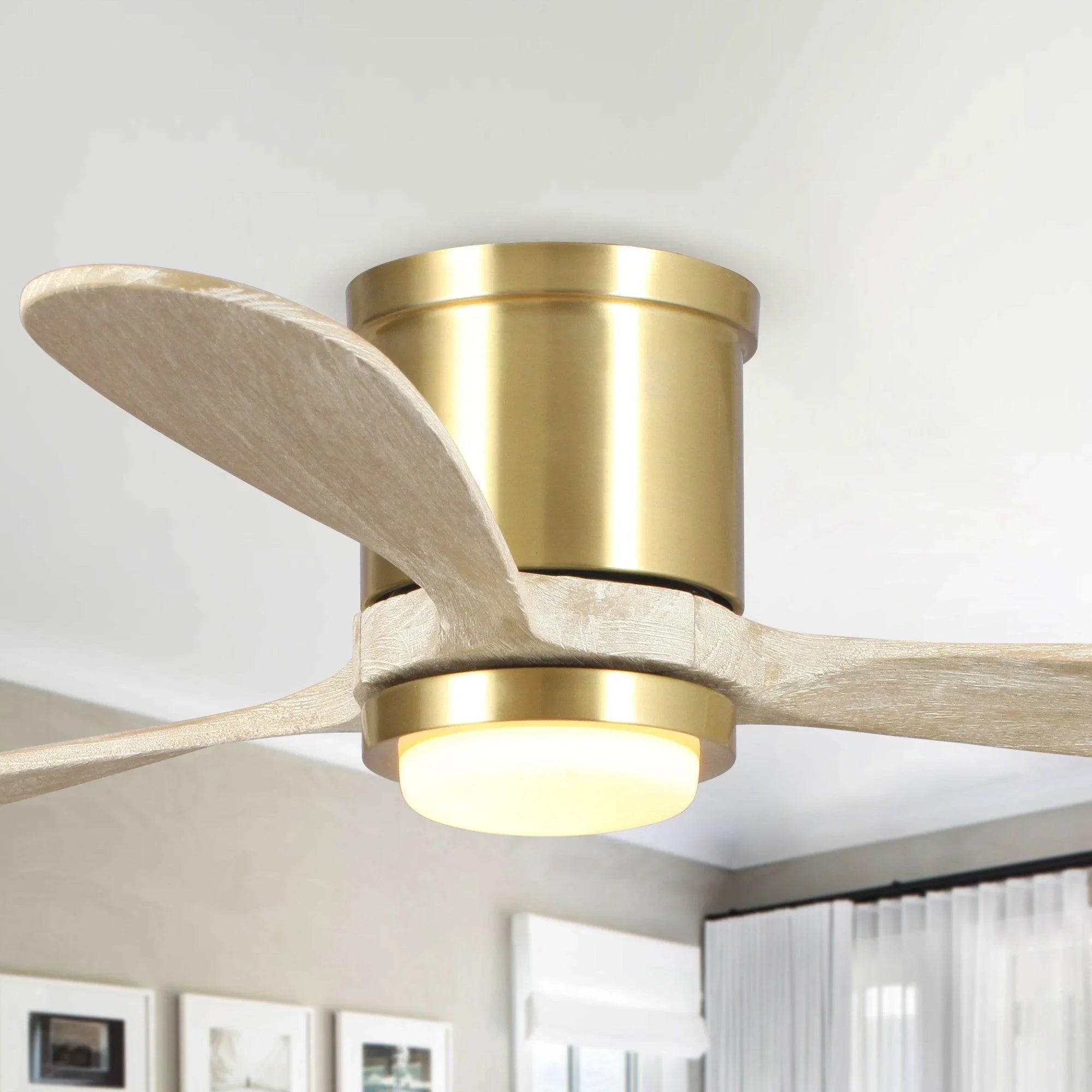 Golden ceiling fan with LED light and three wood-style blades