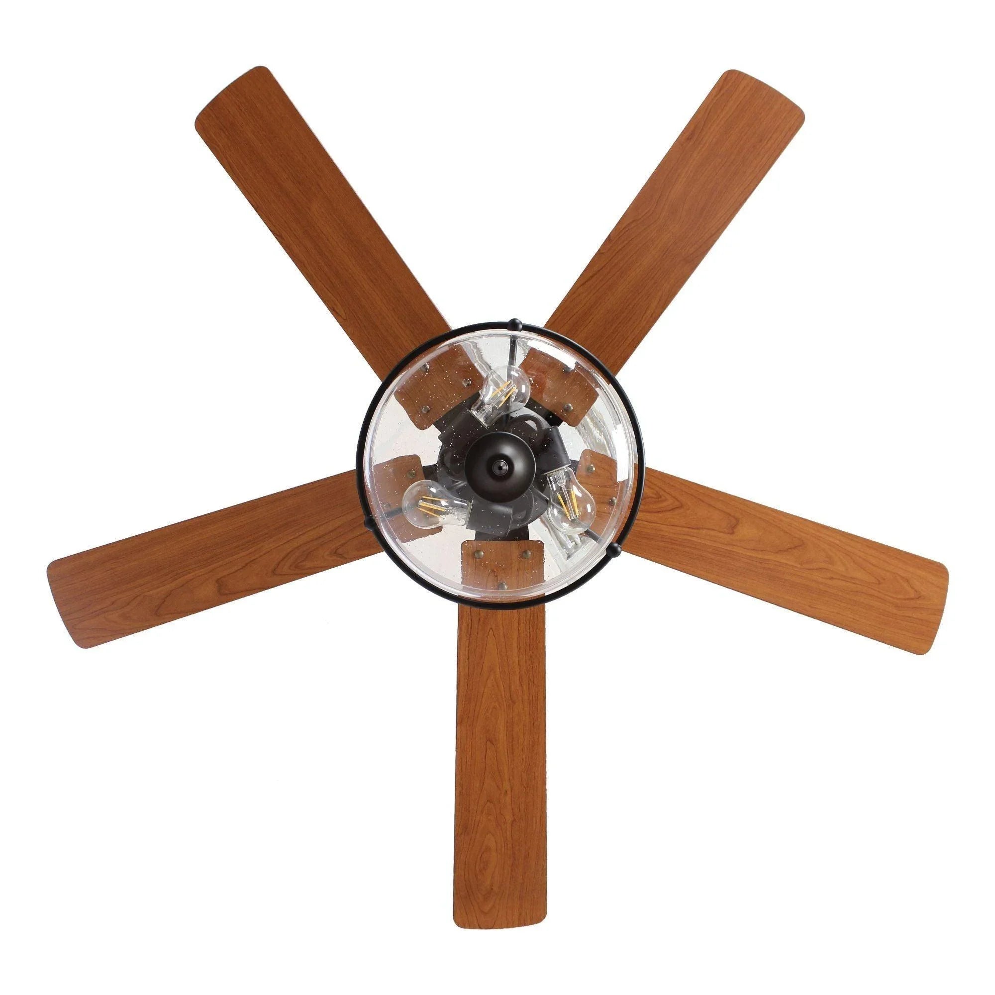 Five-blade ceiling fan with light oak wood blades and clear glass globe