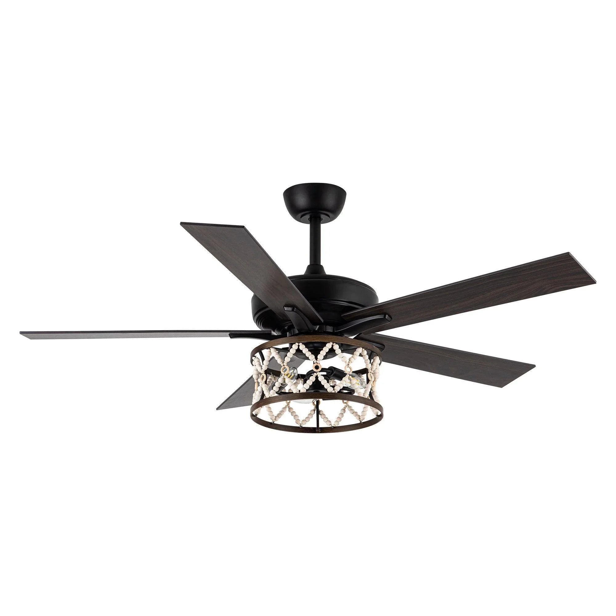 Black industrial ceiling fan with reversible blades and round cage light.