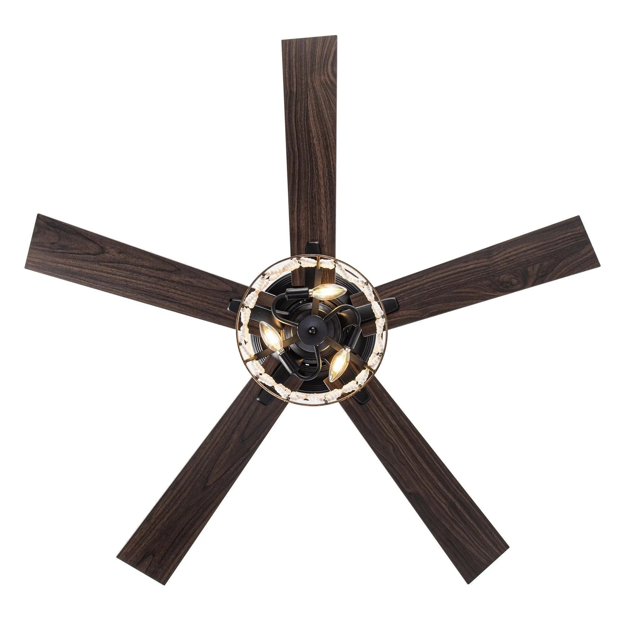 Black industrial ceiling fan with five reversible blades and globe cage light.