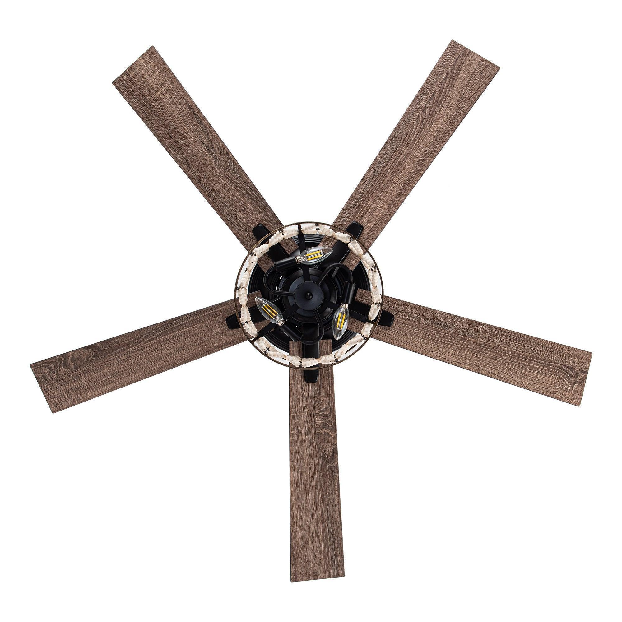 Ceiling fan with four wood-toned reversible blades and central light housing (front view)