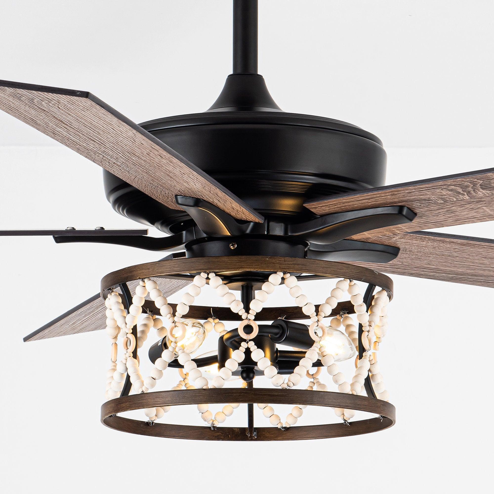 Black ceiling fan light kit with frosted bulbs and white bead chain decoration