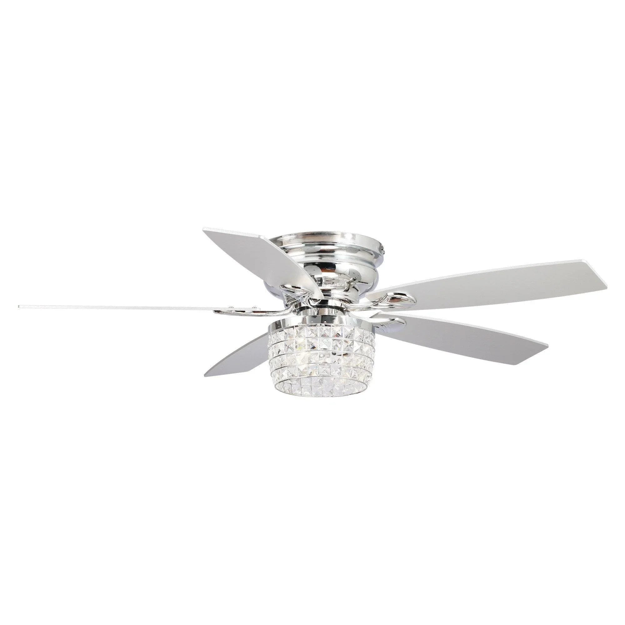 Chrome flush-mount ceiling fan with crystal glass light and five white blades