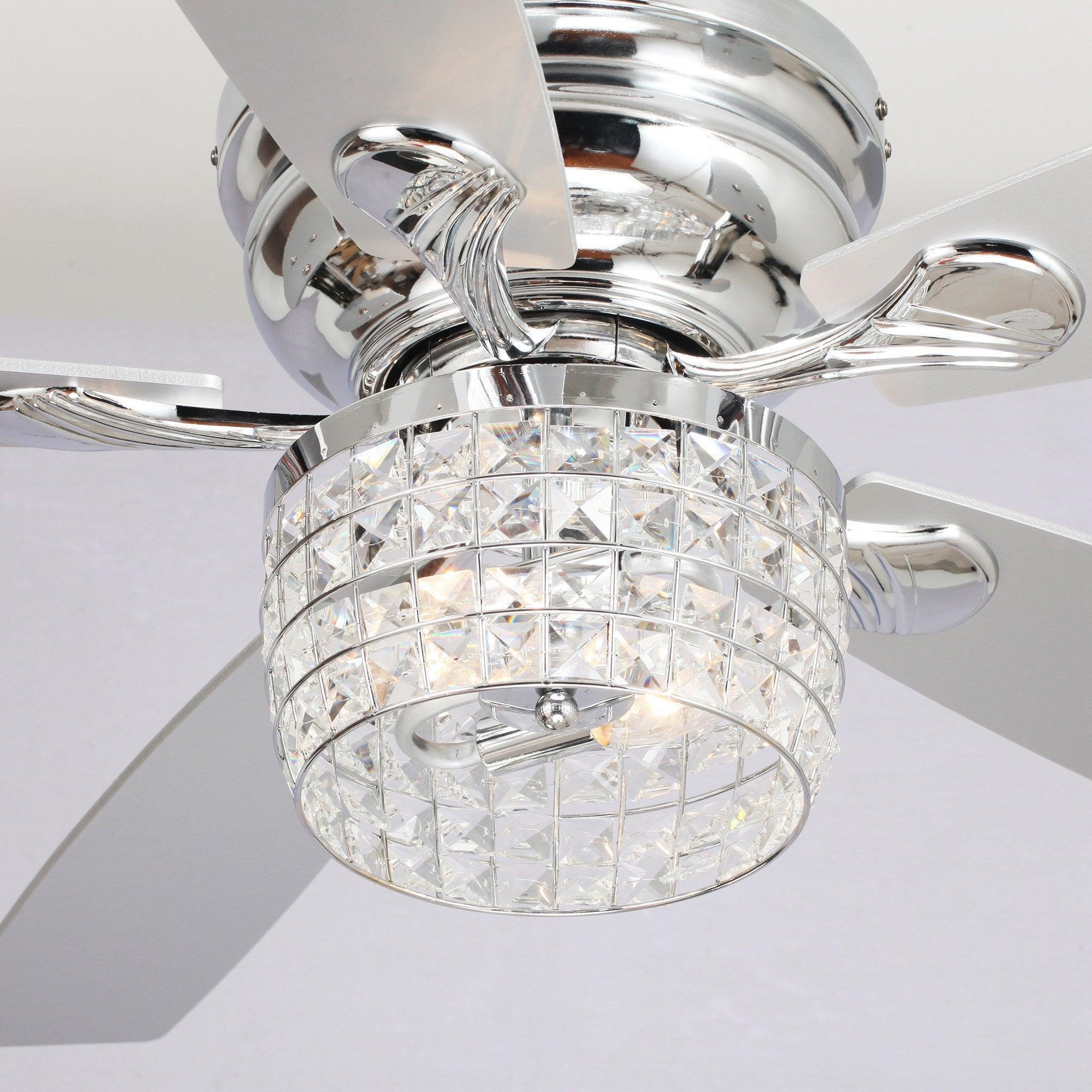 Chrome flush-mount ceiling fan with clear crystal light globe and five blades