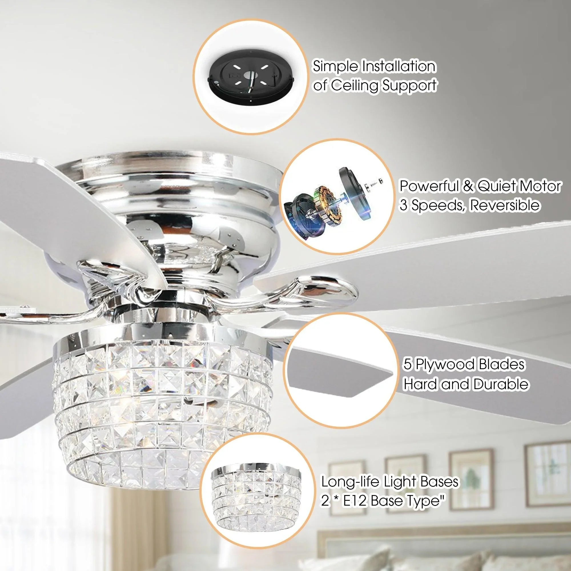 Chrome ceiling fan with crystal light shade and five wood-look blades